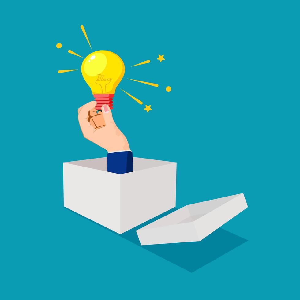 hand holding light bulb coming out from a paper box vector