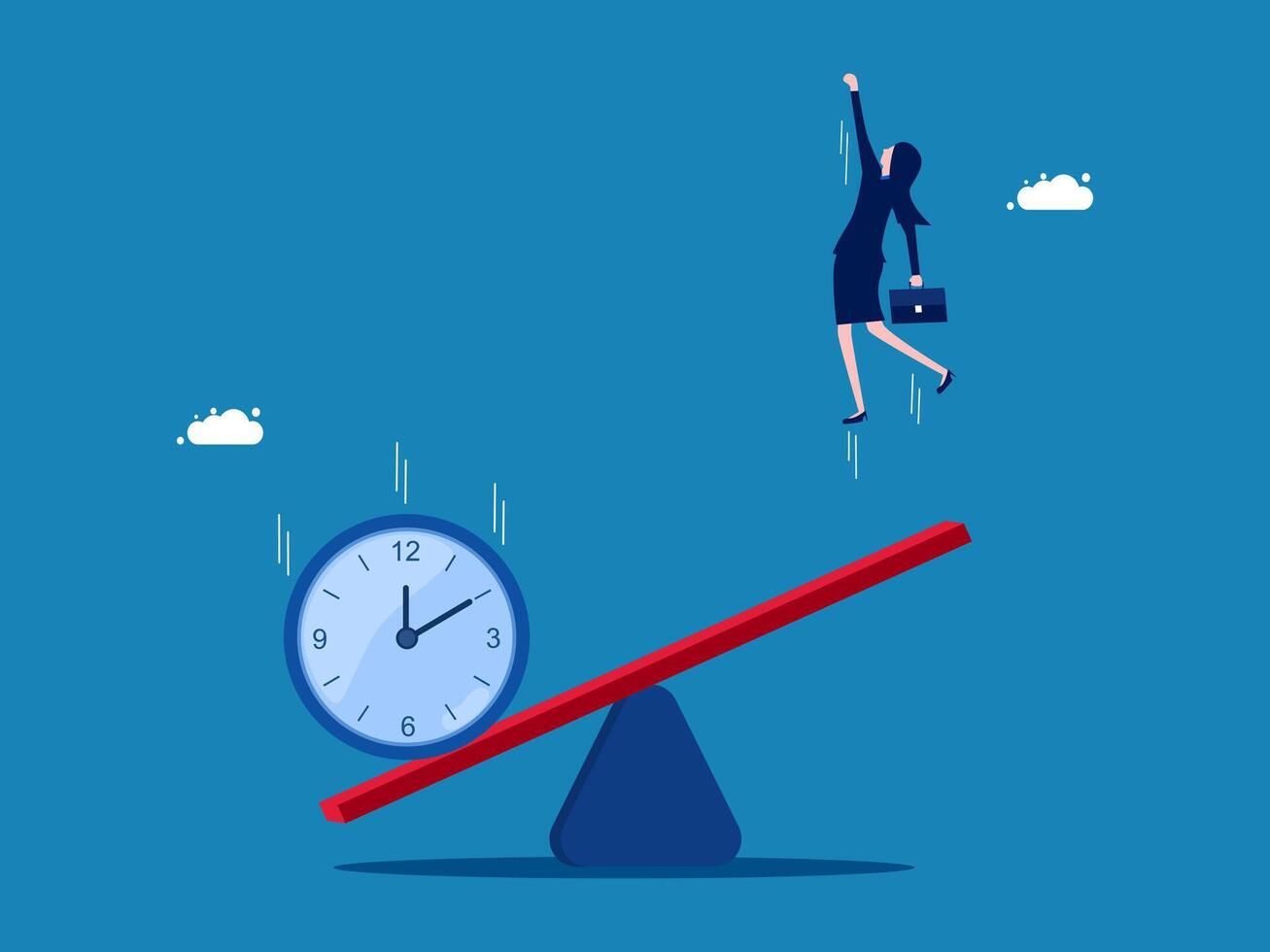 Clock falling on a seesaw to help businesswoman jump high vector