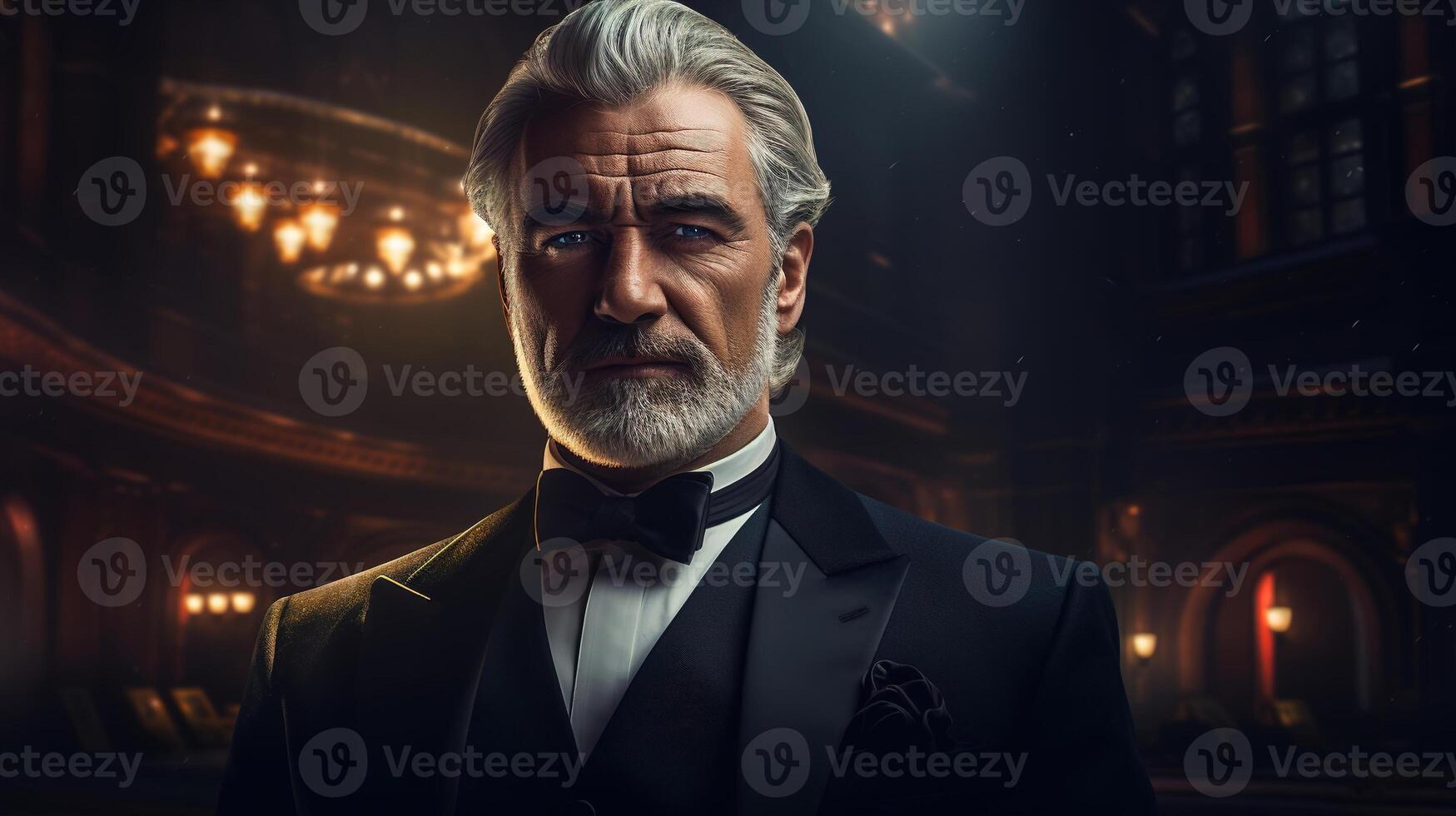 AI generated Serious successful majestic middle-aged man in a suit standing inside an office and looking at the camera photo