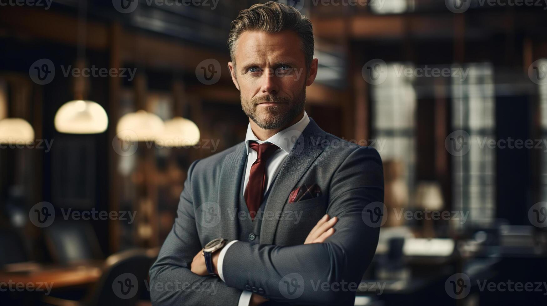 AI generated Handsome confident businessman in office, adult stylish man in suit with folded hands standing inside expensive interiors and looking at camera. Male business portrait photo