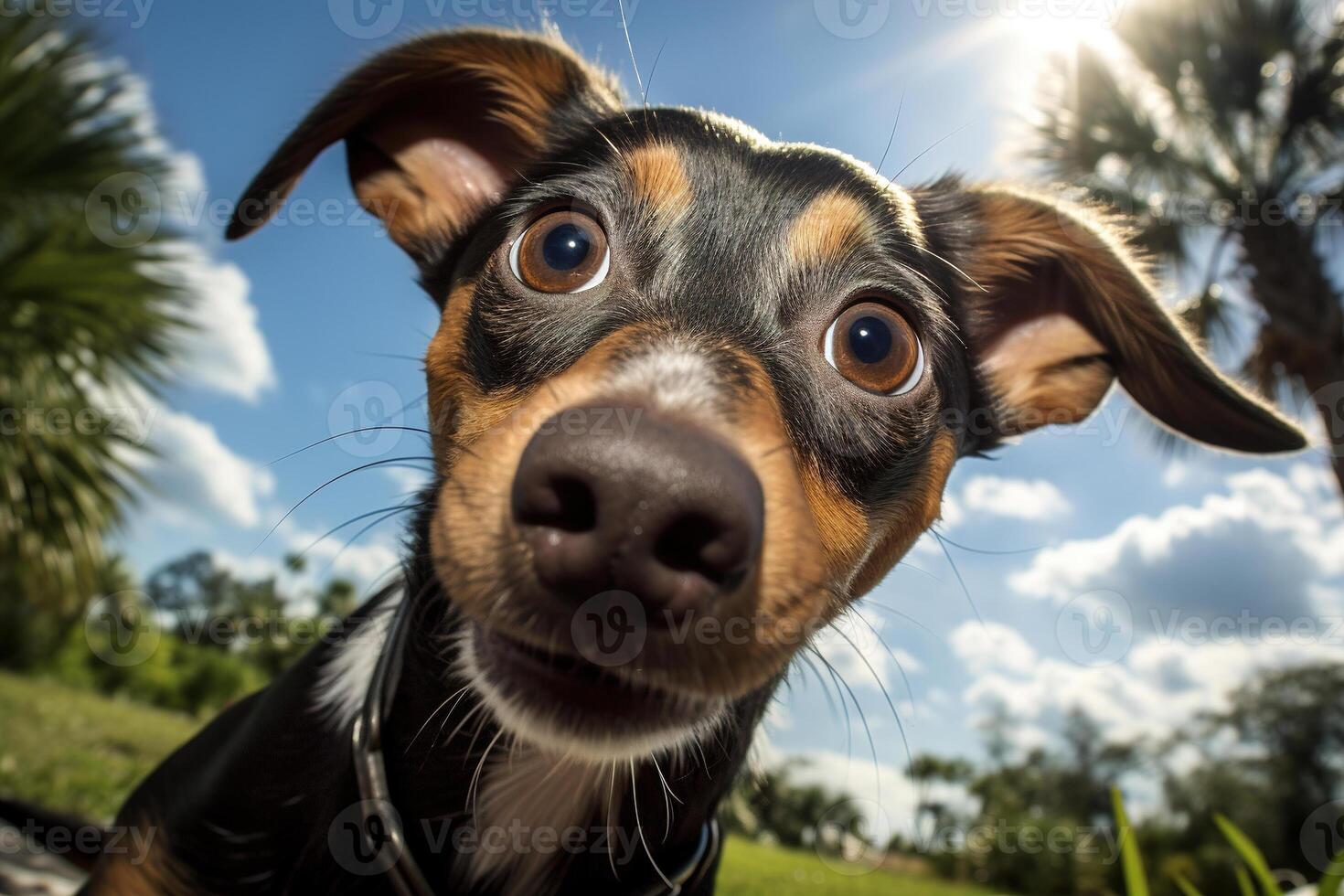AI generated Funny curious pet dog looking at camera outdoors, fisheye animal portrait view photo