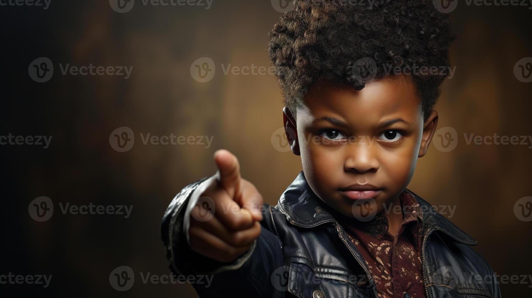 AI generated Serious African American child boy in leather jacket showing finger gesture while standing on dark background with copy space photo