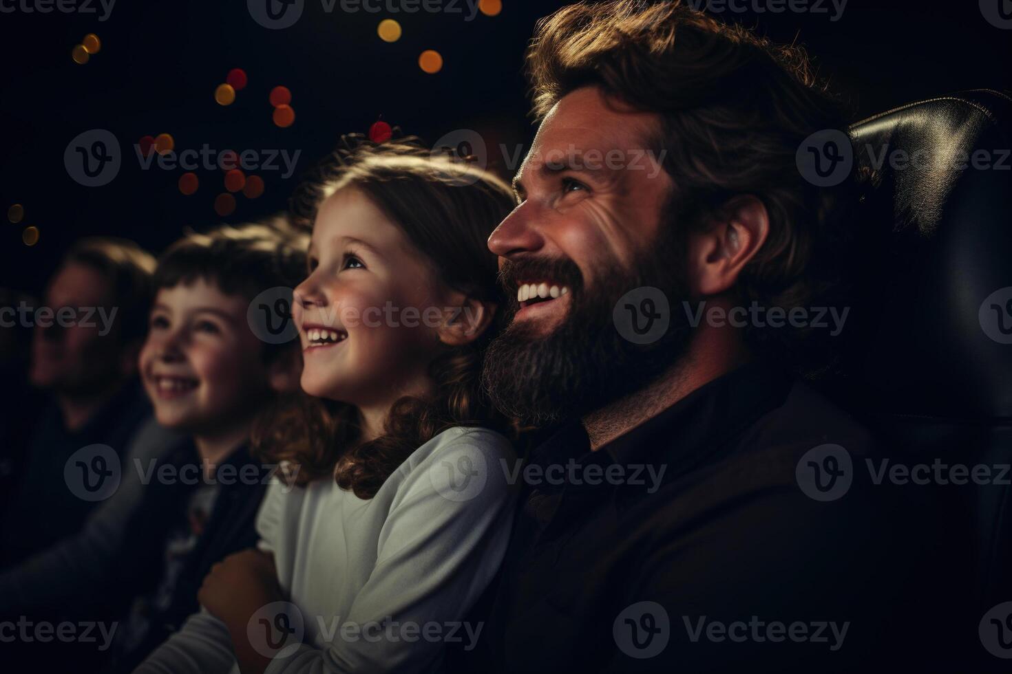 AI generated Happy family in public cinema, portrait of laughing dad with children watching comedy film while sitting in cinema hall photo