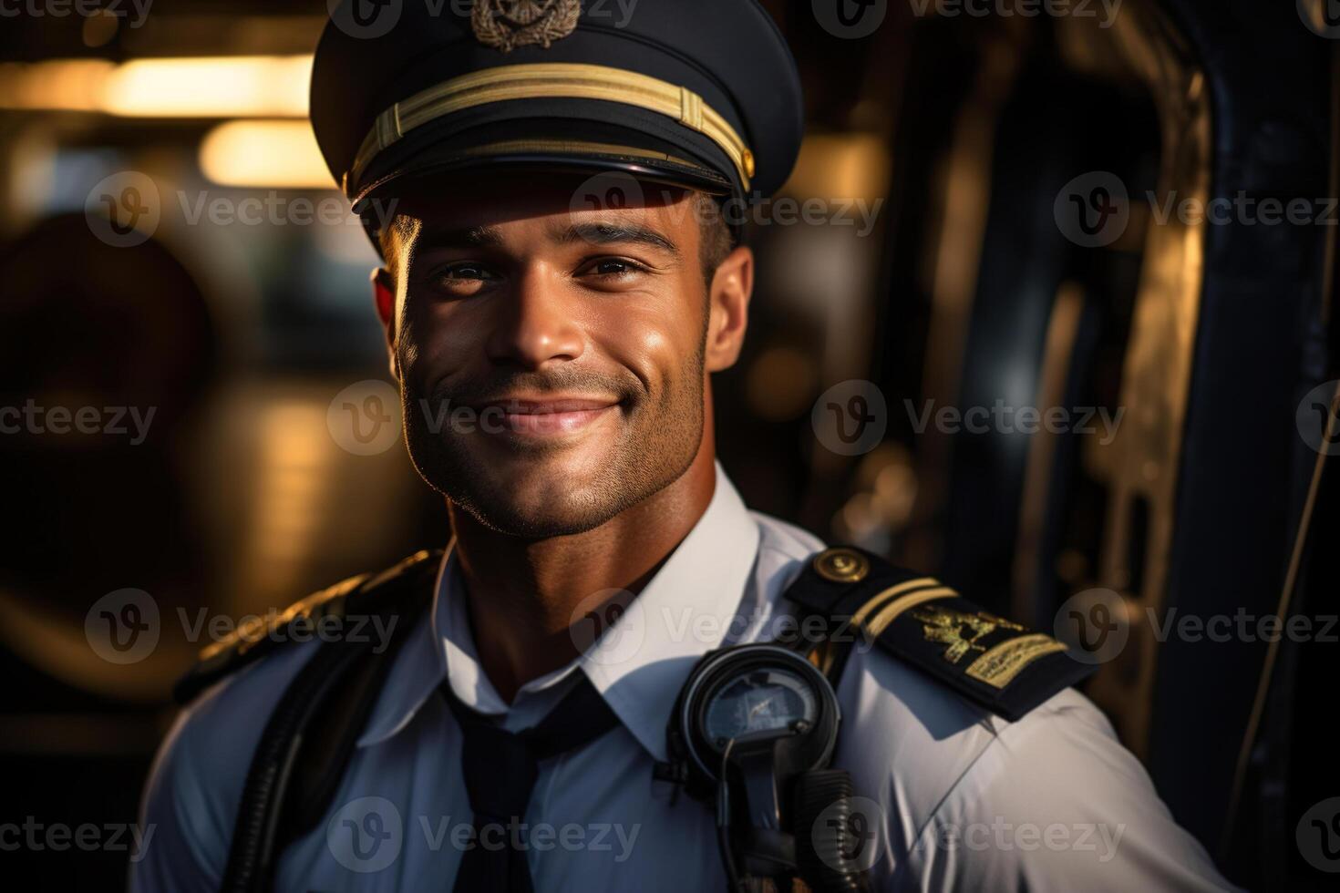 AI generated Portrait of a smiling beautiful pilot inside an airplane looking at camera photo