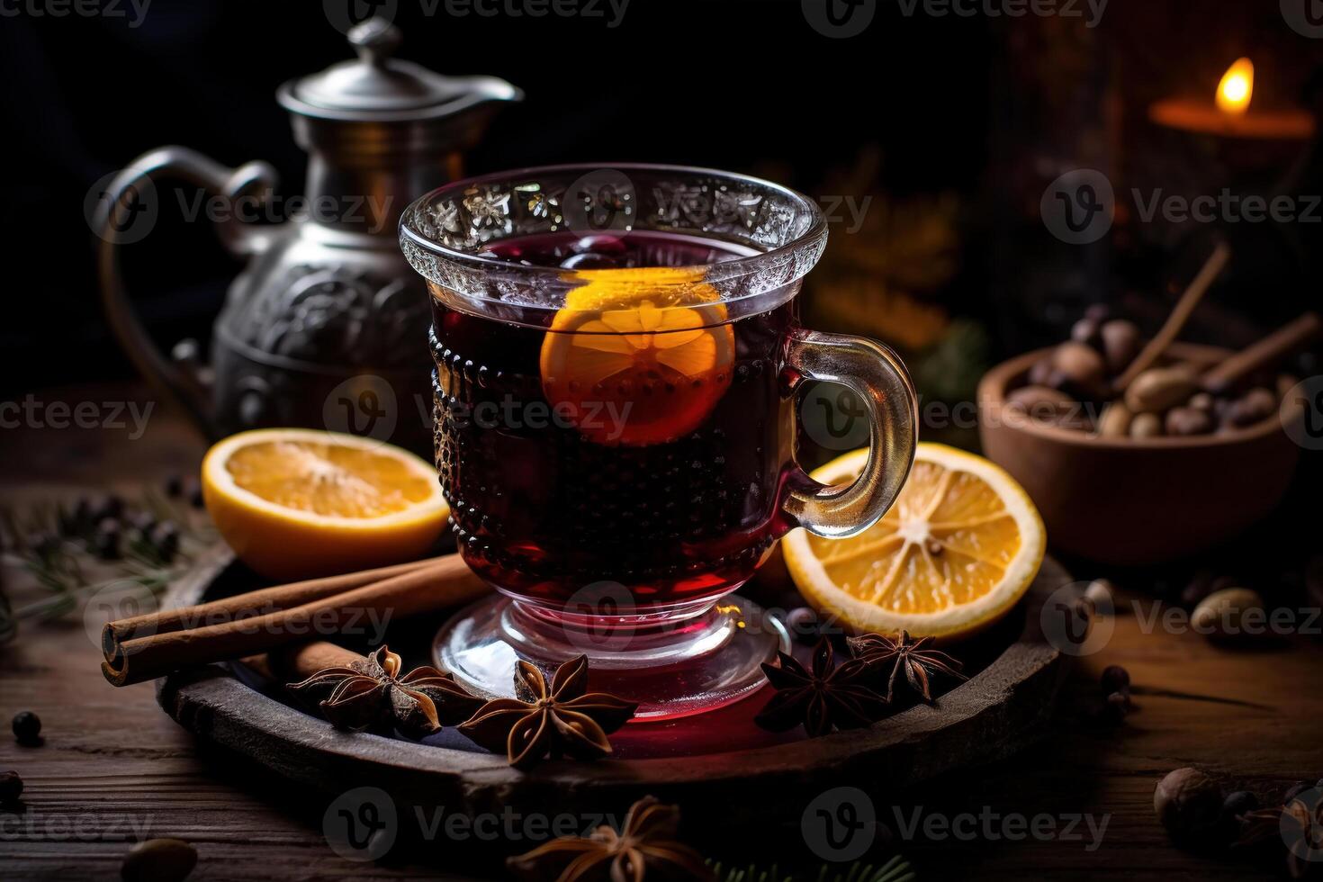 AI generated Mulled red wine boiled with spices, winter warming drink in glass with ingredients and kettle indoors photo