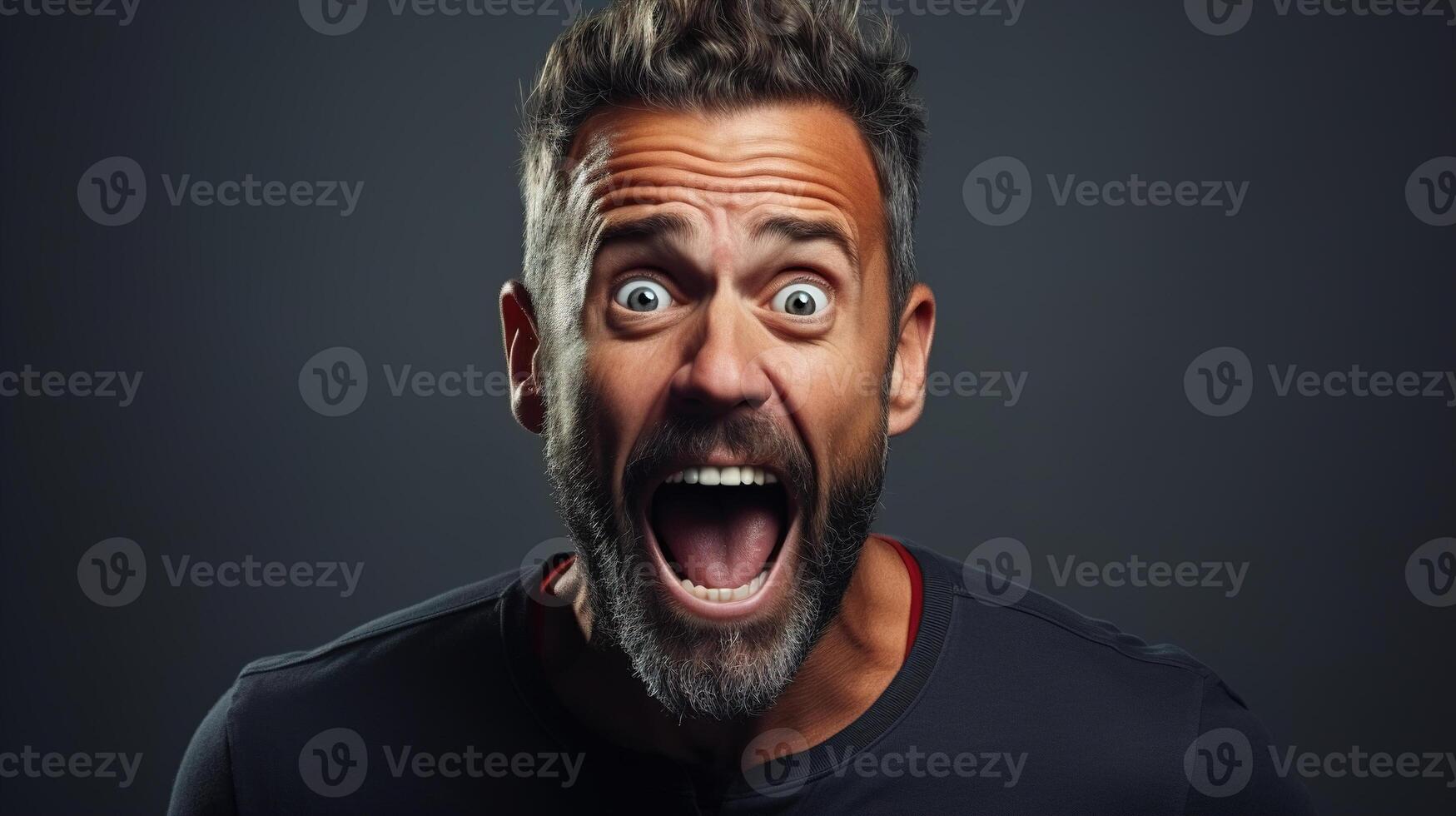 AI generated Impulsive emotional male portrait. Screaming adult Caucasian man with big eyes looking at camera photo