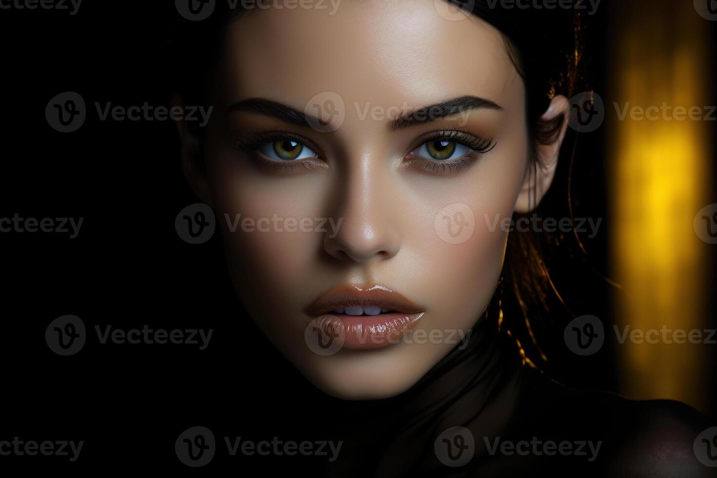 AI generated Female fashion portrait, caucasian sensual woman model looking at camera indoors on dark background, face close-up photo