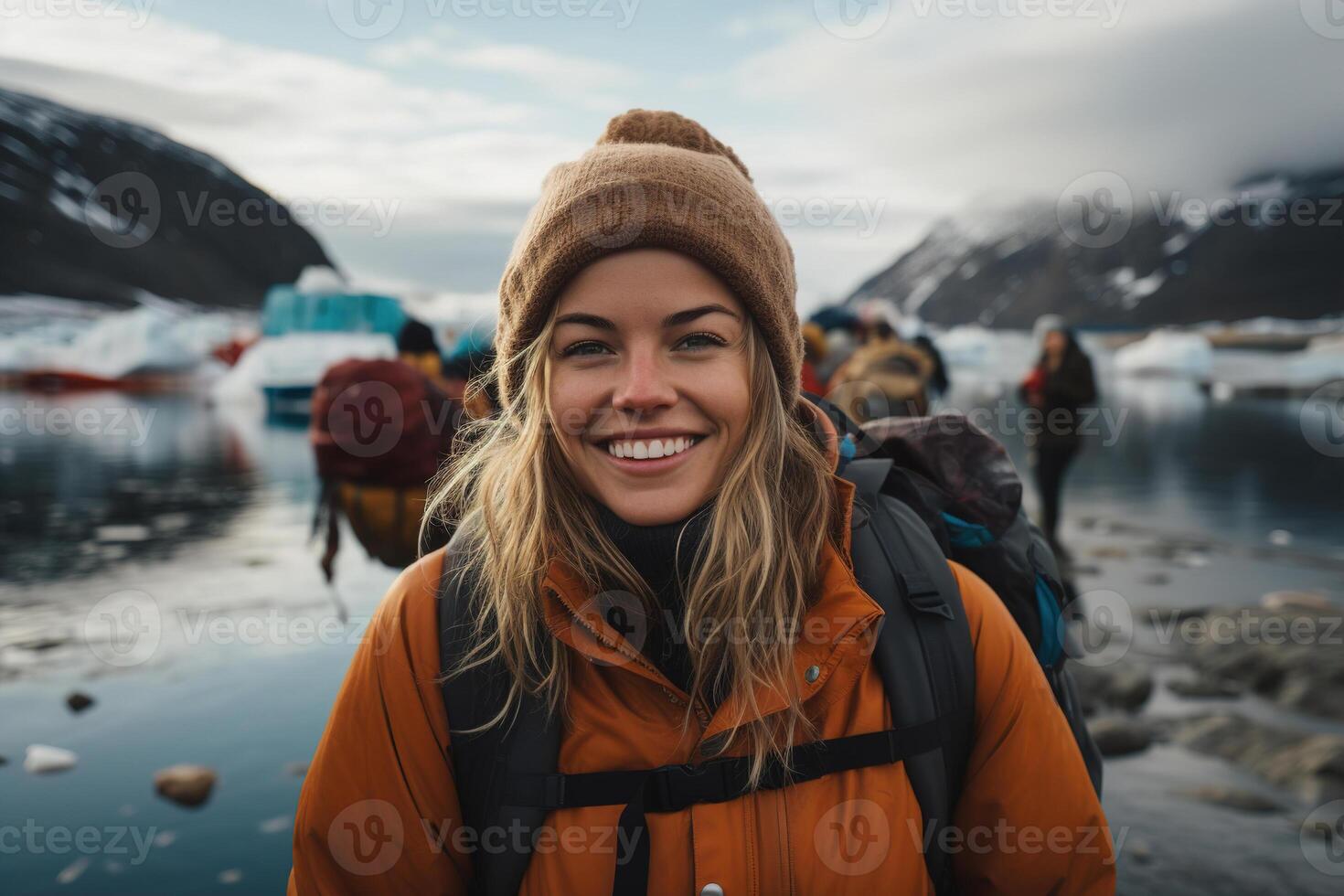 AI generated Positive caucasian woman traveler in jacket and backpack looking at camera outdoors, adventure. Group of people hike in mountains in north photo