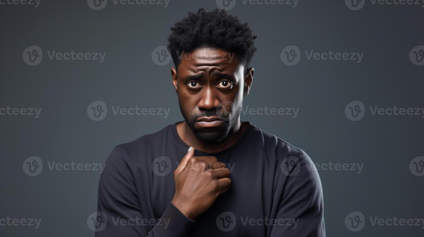 AI generated Portrait of upset insecure cowardly afro american man looking at camera while standing on dark background photo