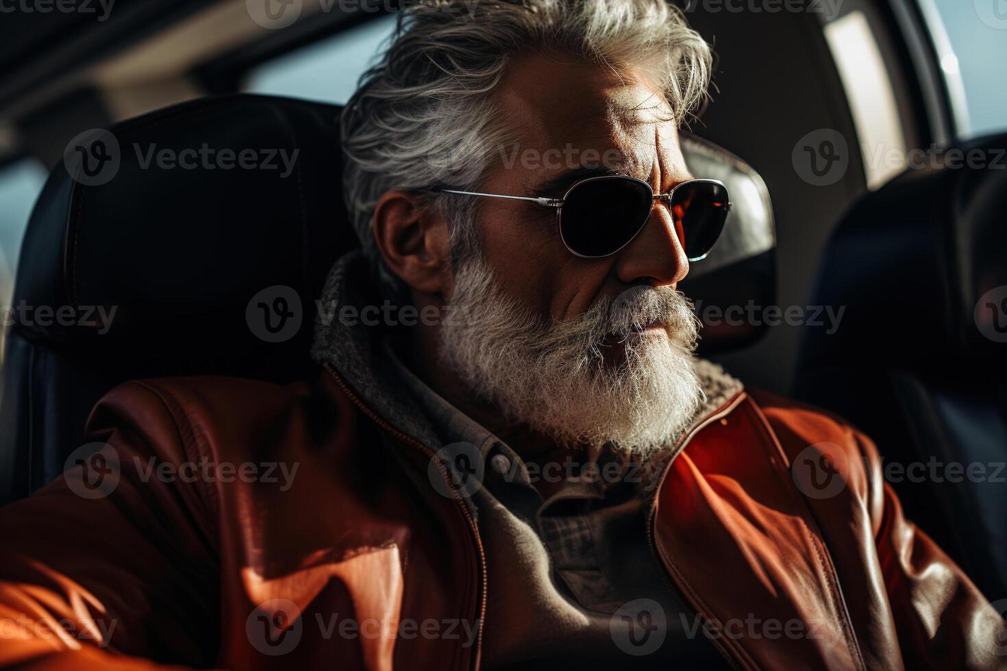 AI generated Rich stylish successful middle-aged man in sunglasses flying in an airplane and looking out porthole photo