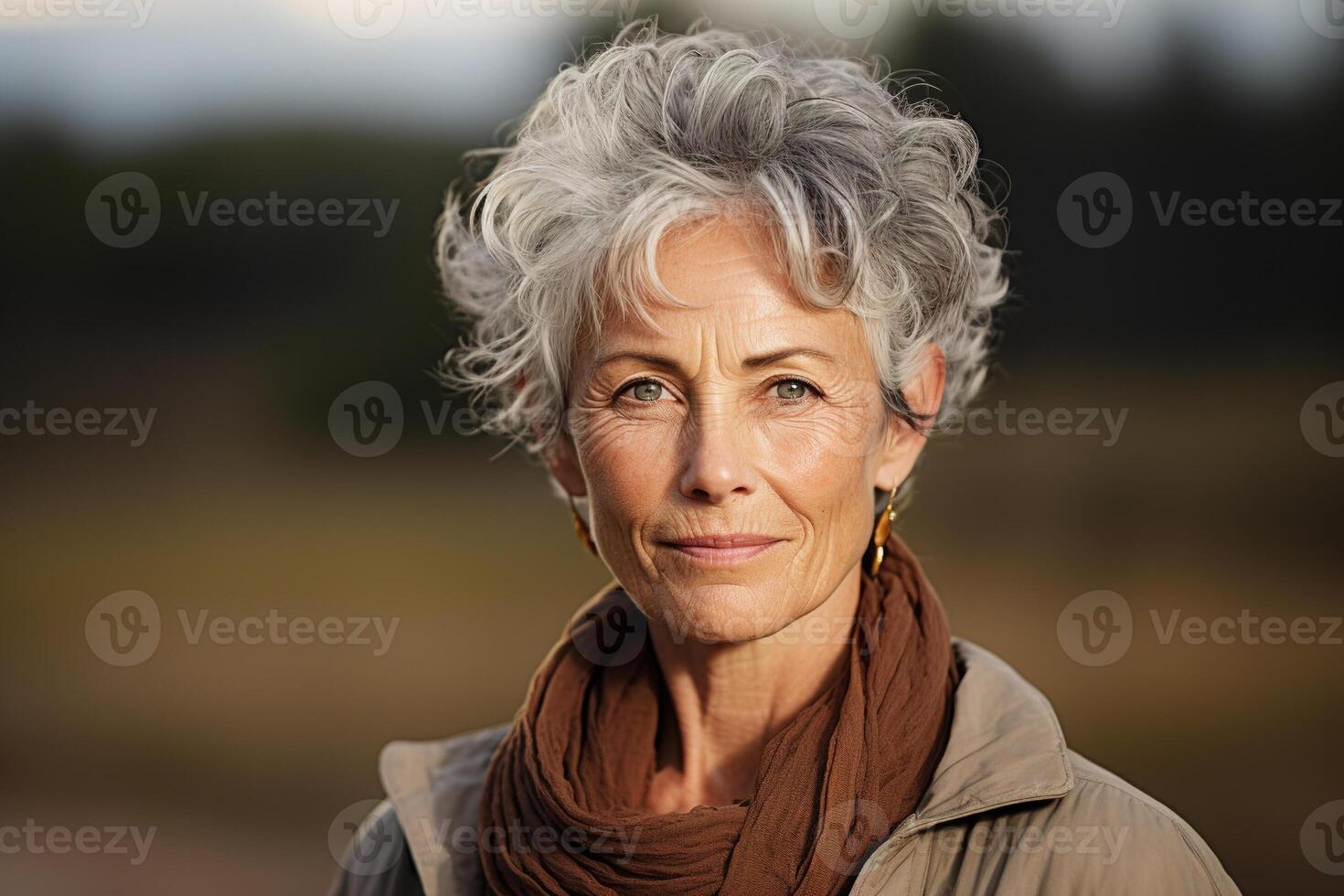 ai generado retrato de un arrugado elegante mujer, mayor dama con gris pelo peinado y ropa de calle al aire libre mirando a cámara foto