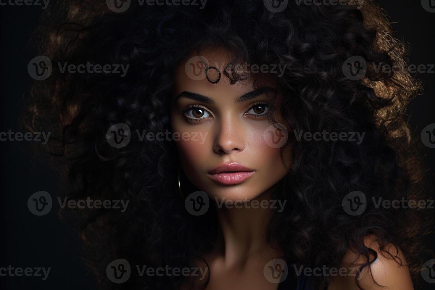 AI generated Feminine fashion portrait of an African American woman with an Afro hairstyle looking at camera photo