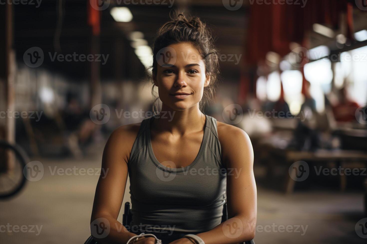 AI generated Female Paralympic athlete, portrait of young caucasian sport woman with disability sitting on wheelchair in gym and looking at camera photo