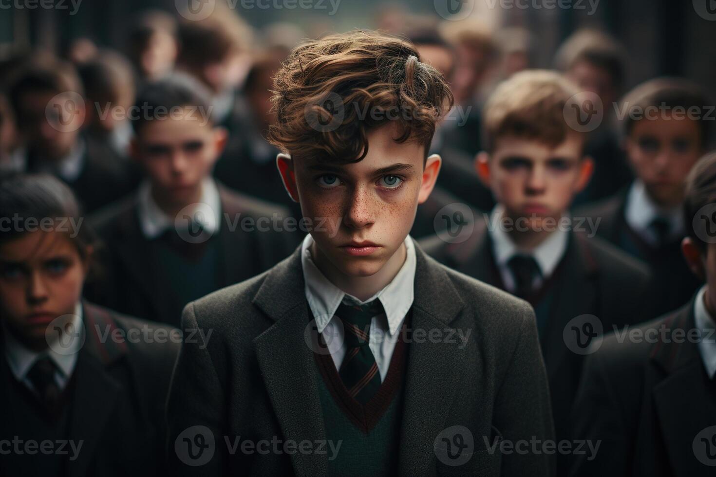 AI generated Crowd of sad, tired schoolchildren looking at camera indoors photo