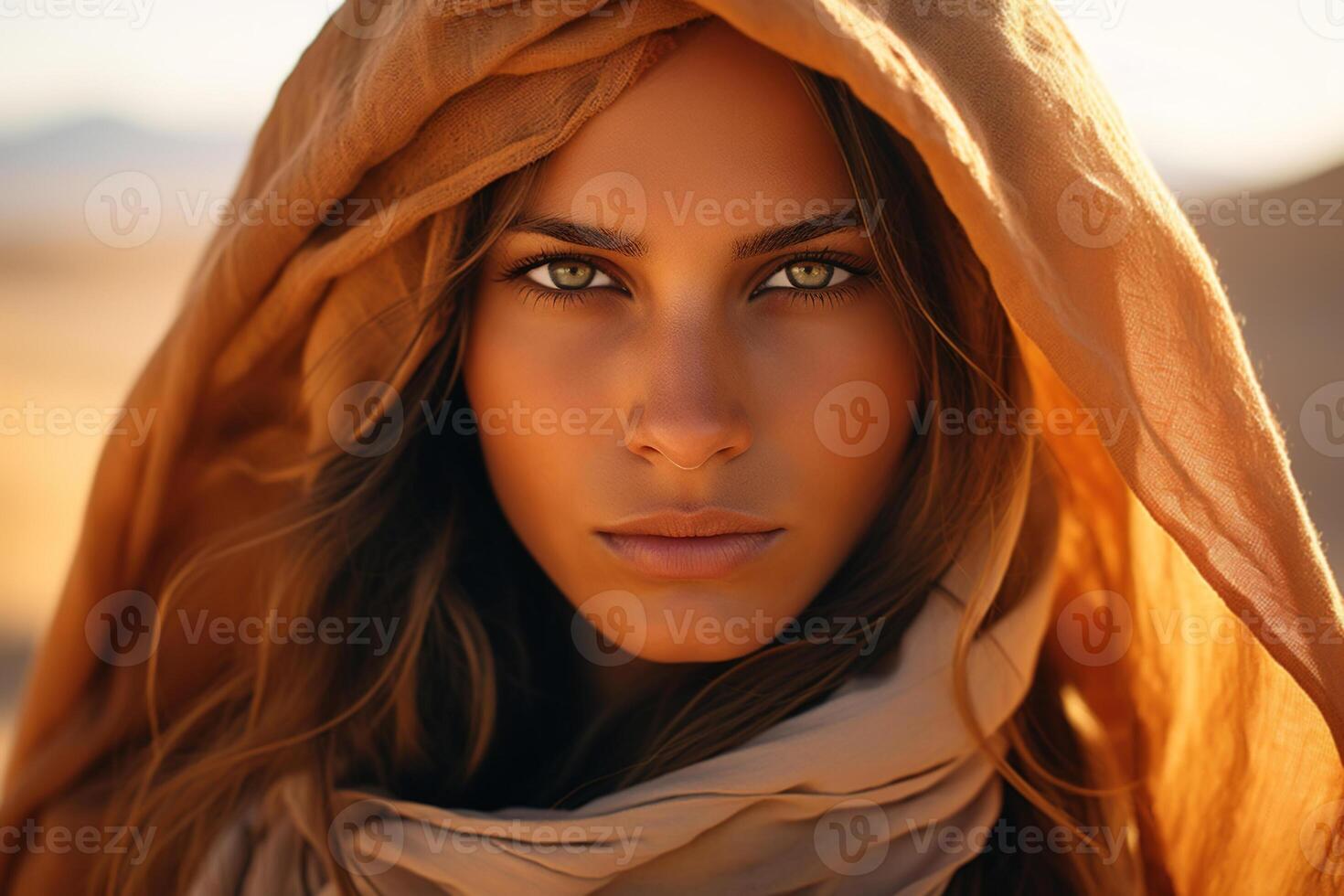 AI generated Portrait of a woman in an orange headscarf and beautiful eyes outdoors, female model in desert photo