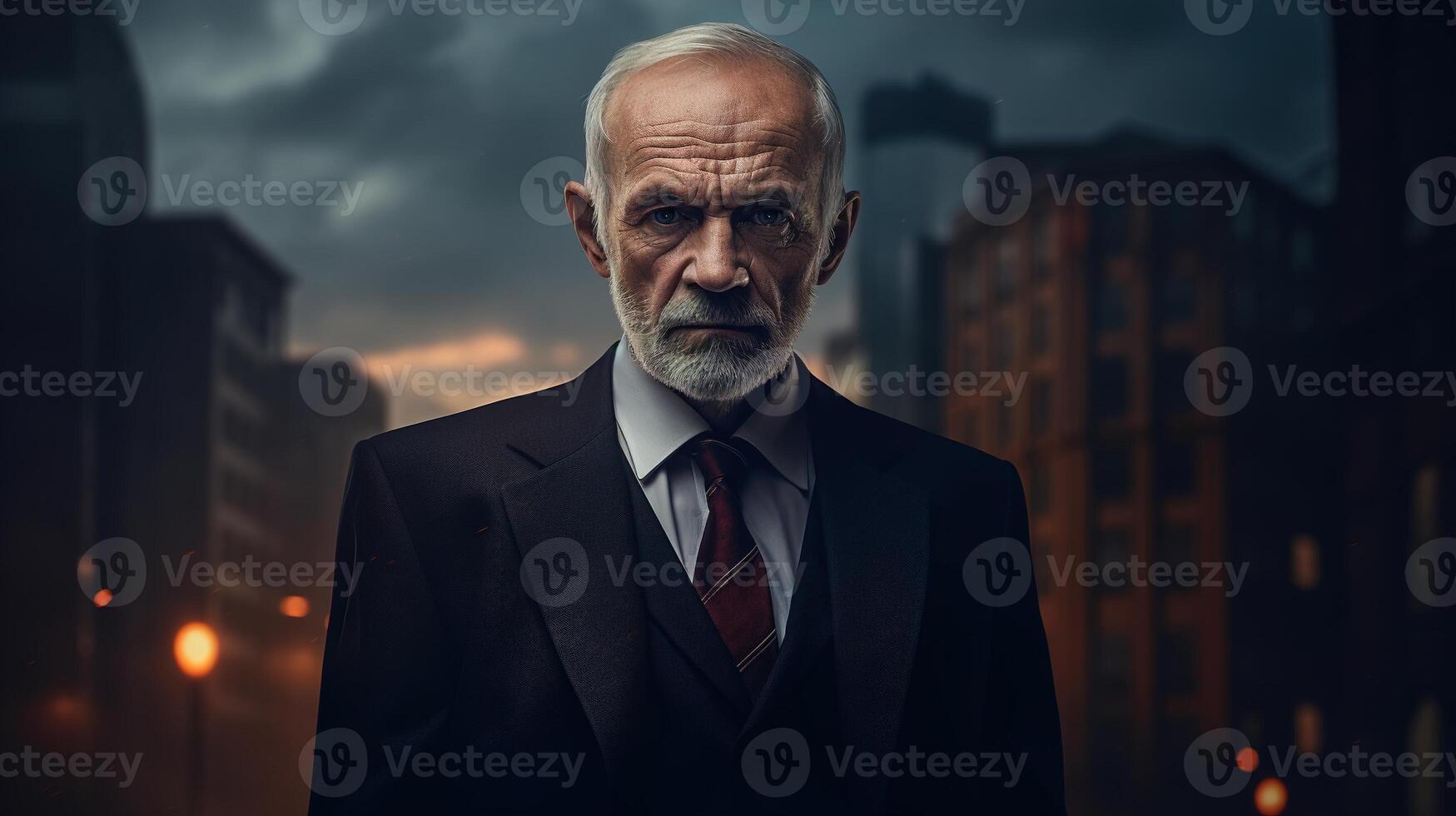 AI generated Angry serious senior man in a suit standing on a night street with flying sparks and looking at the camera photo