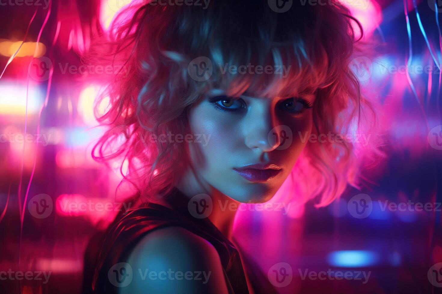AI generated Female fashion portrait in neon light, stylish Caucasian model with short hair looking at camera photo