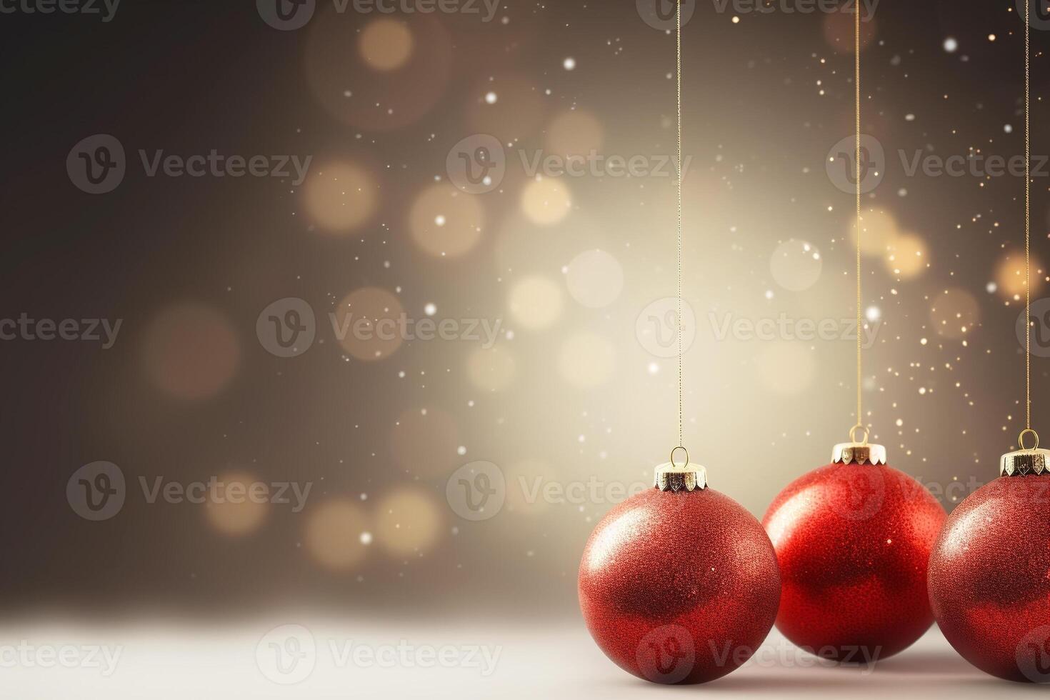AI generated Hanging red balls and bokeh lights on a gray background, Christmas festive background with copyspace photo