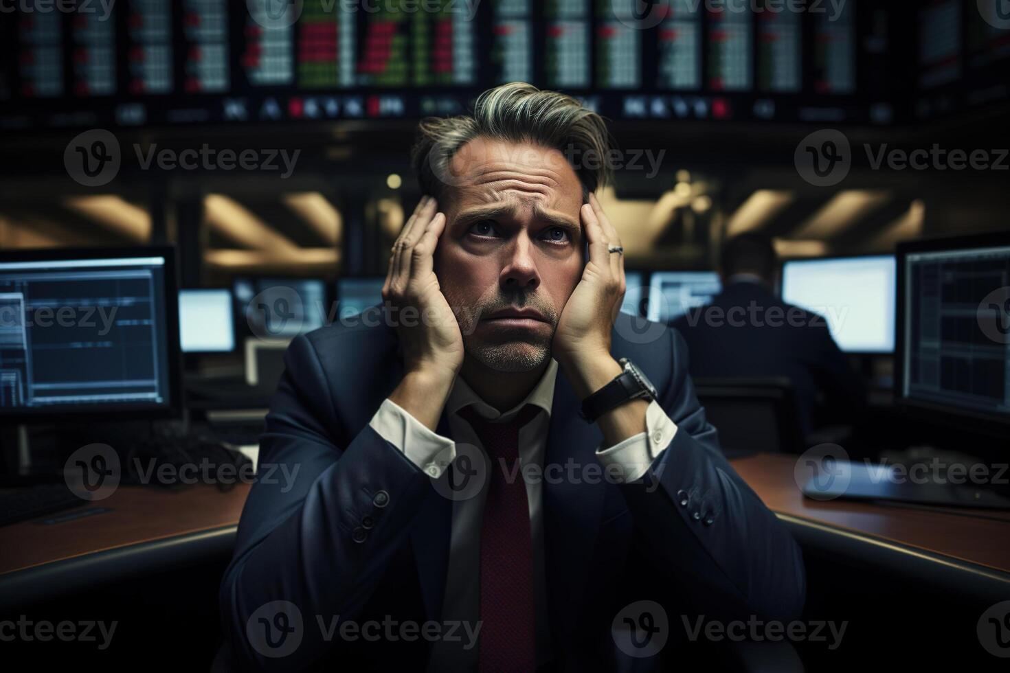 AI generated Economic crisis, investor trader holding his head sitting on stock exchange in front of monitors. Falling stock price, financial problem photo