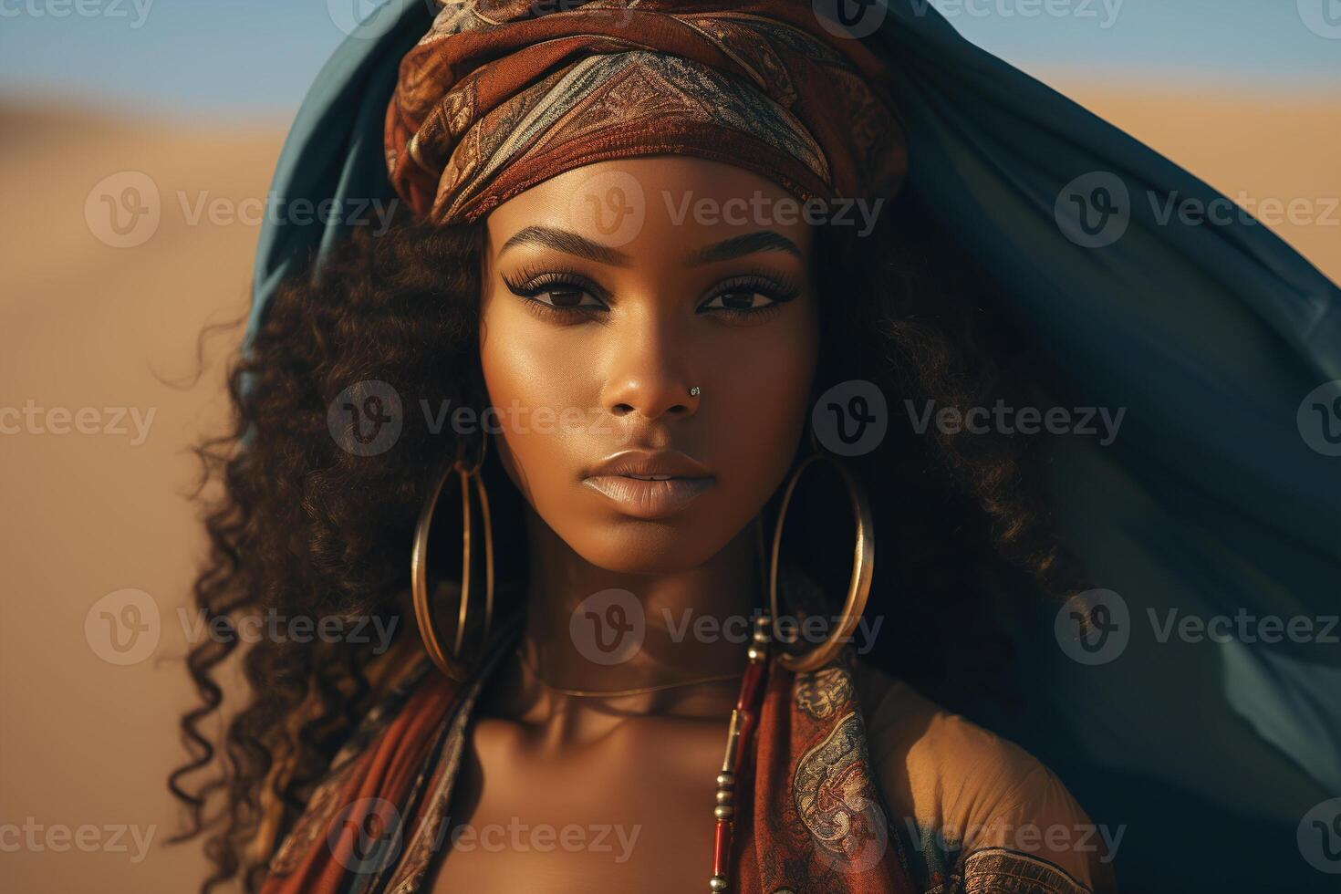 ai generado hermosa joven mujer en tradicional vestir y joyas, bonito afro americano modelo posando en Desierto foto