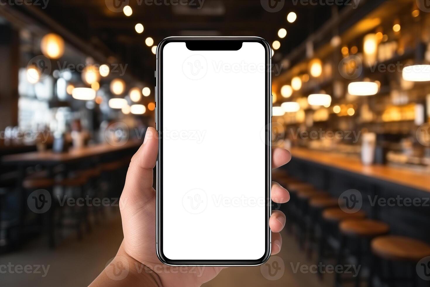 AI generated Smartphone mockup bar, close-up of Caucasian male hand holding mobile phone with white blank screen in pub photo