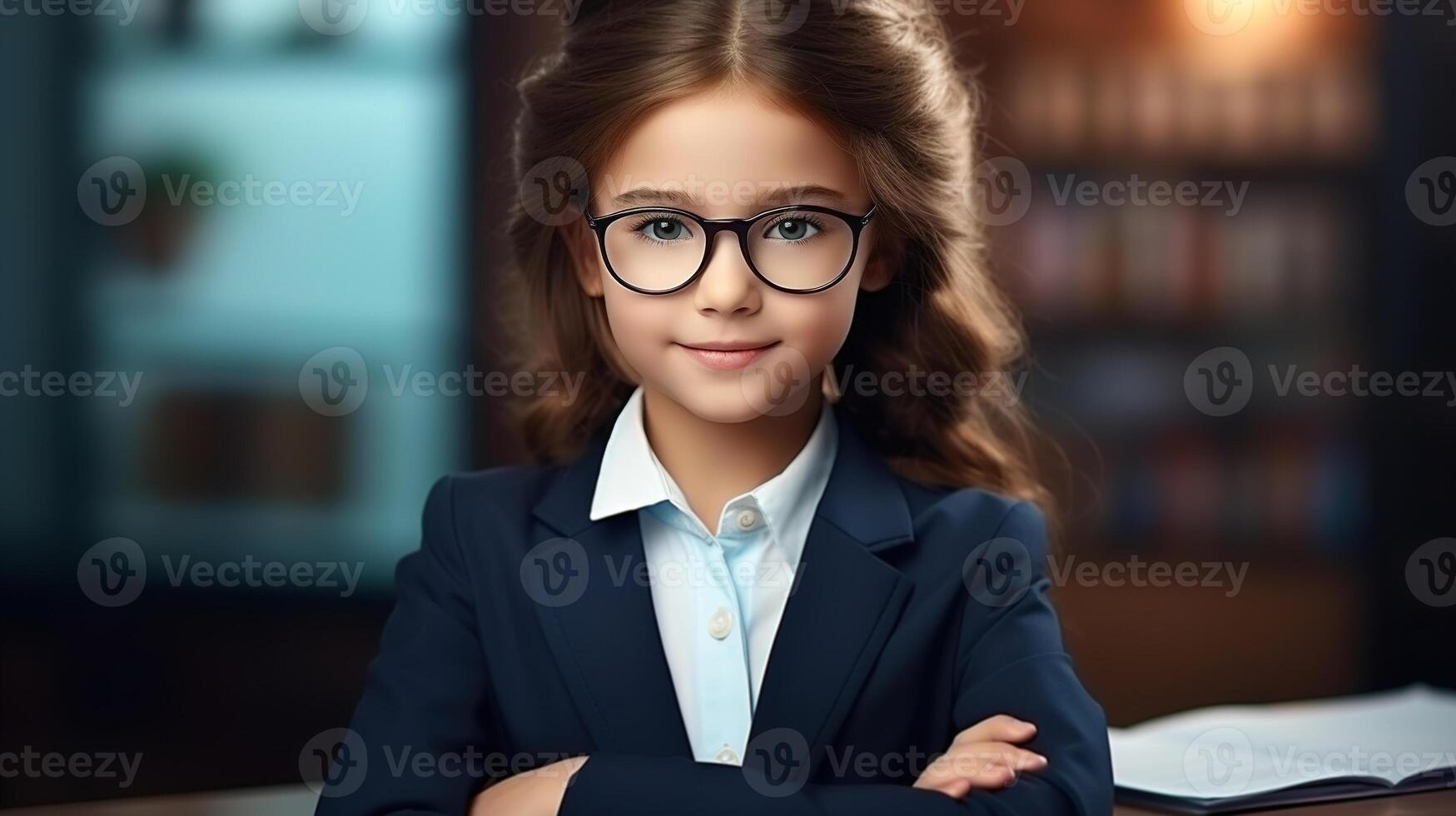 AI generated Portrait of a confident smart girl, caucasian schoolgirl in suit with her hands folded on blurred background indoors photo