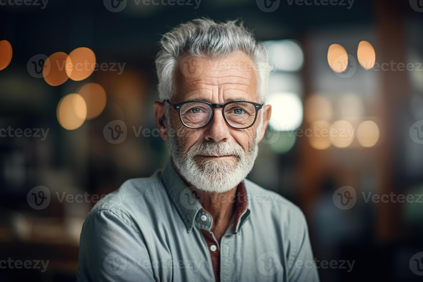 AI generated Male senior portrait, handsome older man in casual clothes and glasses sitting indoors and looking at camera photo