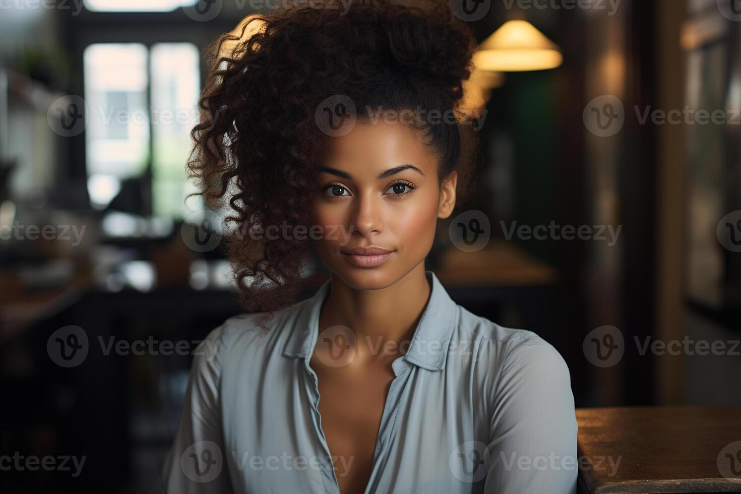 AI generated Pretty African American woman with curly hair standing in loft interior of empty cafe during day and looking at camera, portrait photo