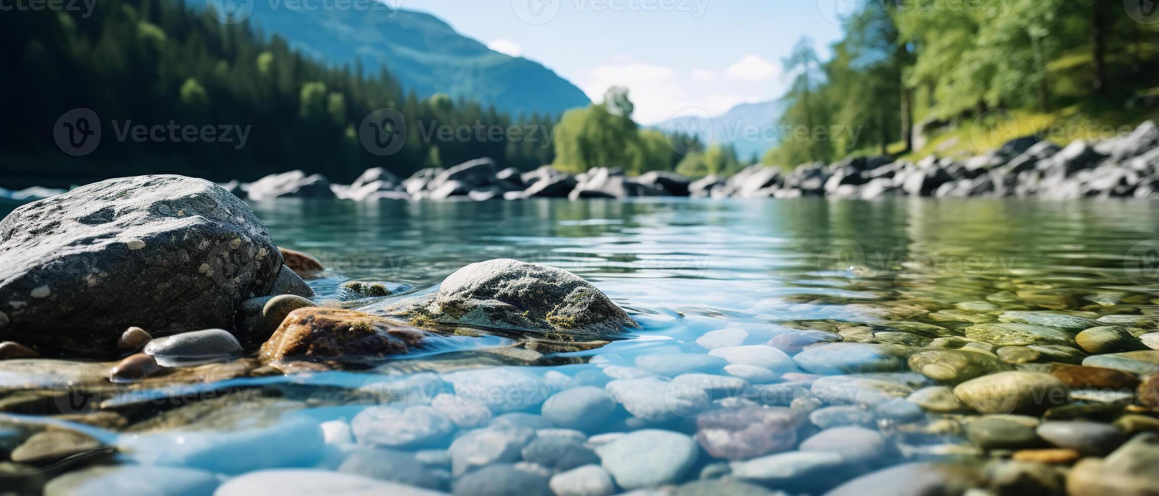 AI generated Mountain river and forest, nature banner. Close-up of cobblestones in water, low angle view photo