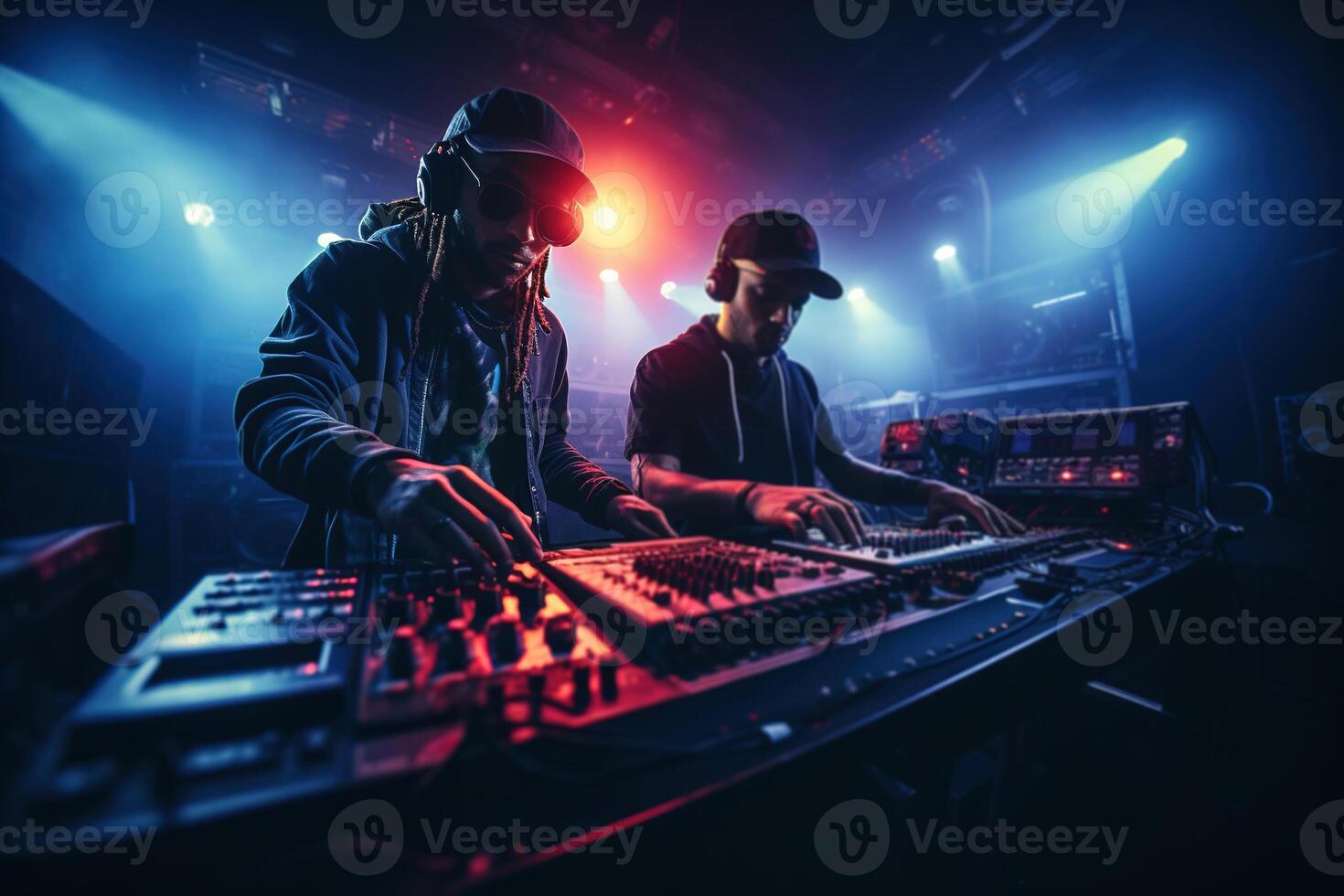 AI generated Music drum and bass festival, two DJs play music on consoles in club photo