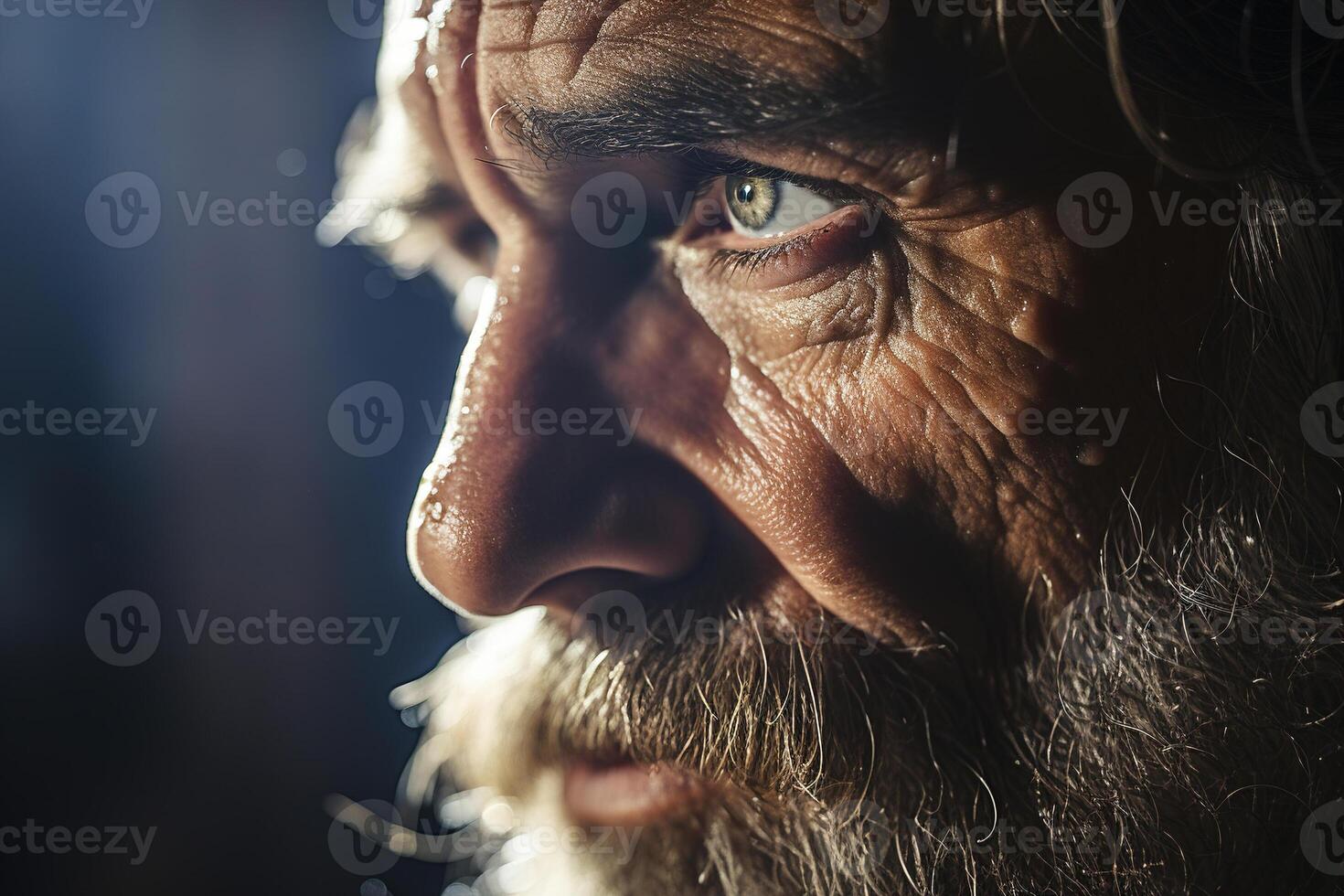 AI generated Male portrait, senior bearded old man with gray hair looking away. Side view, close-up, dramatic light photo
