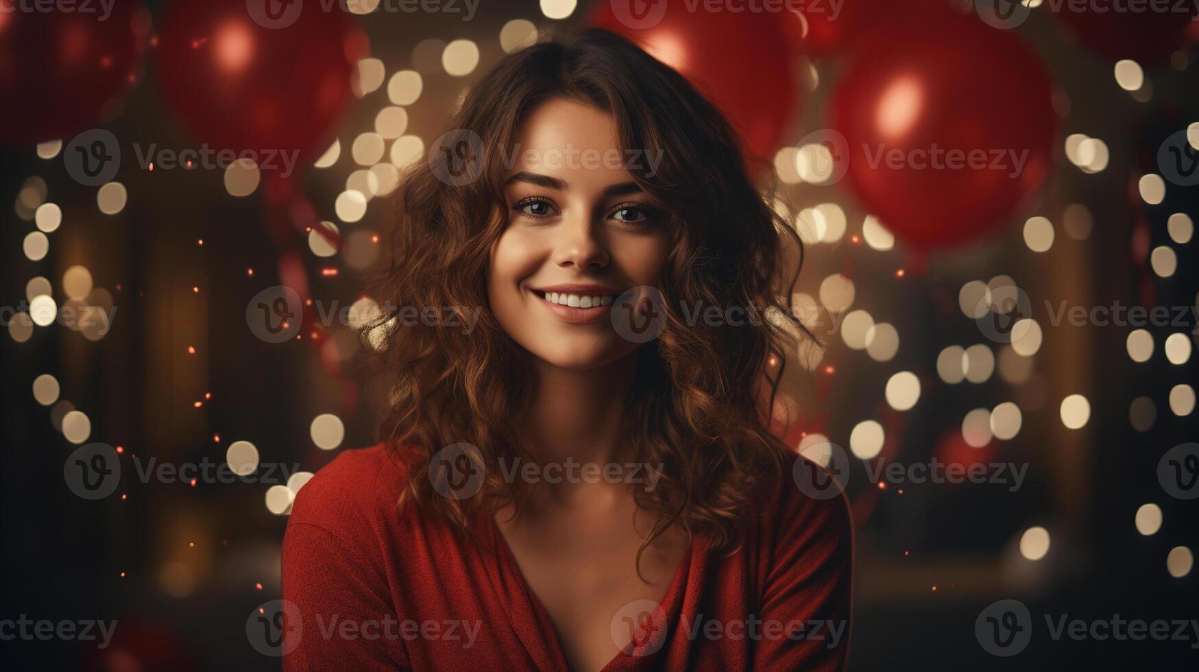 AI generated Holiday, birthday concept. Portrait of happy smiling young woman on festive blurred shiny garland background photo