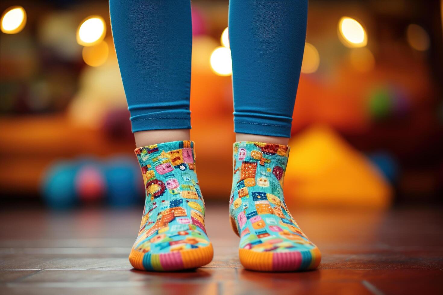 AI generated Odd socks day, anti-bullying week social concept. Close-up of a child feet in funny humorous socks standing indoors photo