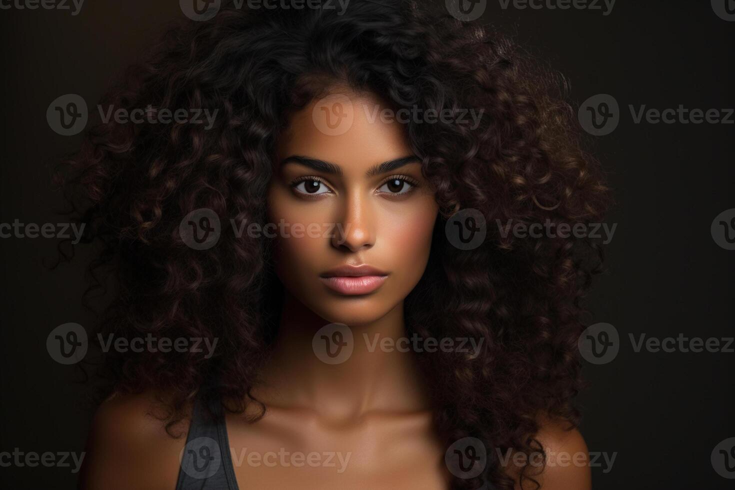 AI generated Front view female portrait, young pretty African American woman model with curly hairstyle looking at camera photo