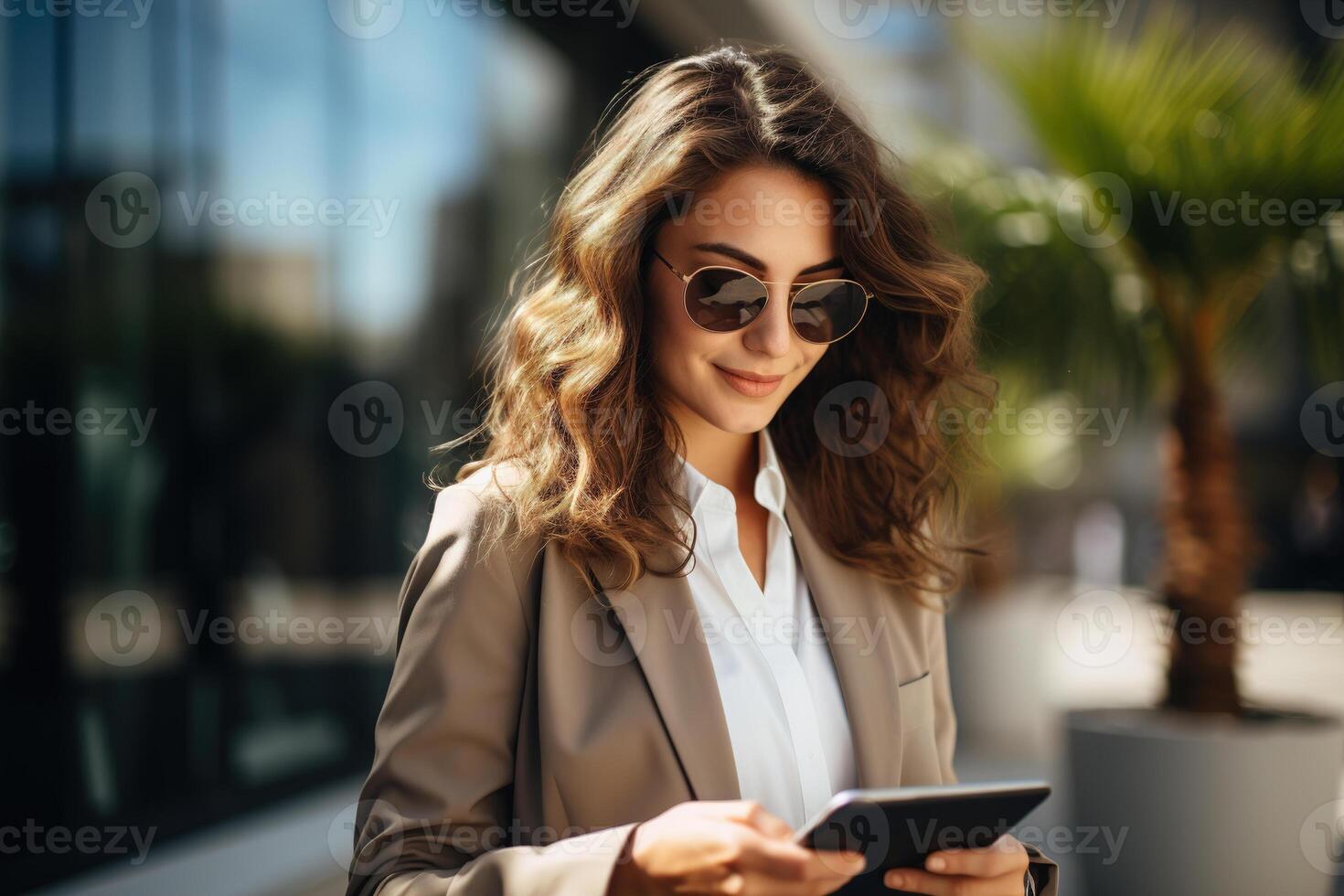 ai generado personas y tecnología. sonriente negocio elegante mujer utilizando tableta al aire libre, mujer de negocios en traje trabajando en línea mirando a artilugio en calle estilo de vida foto