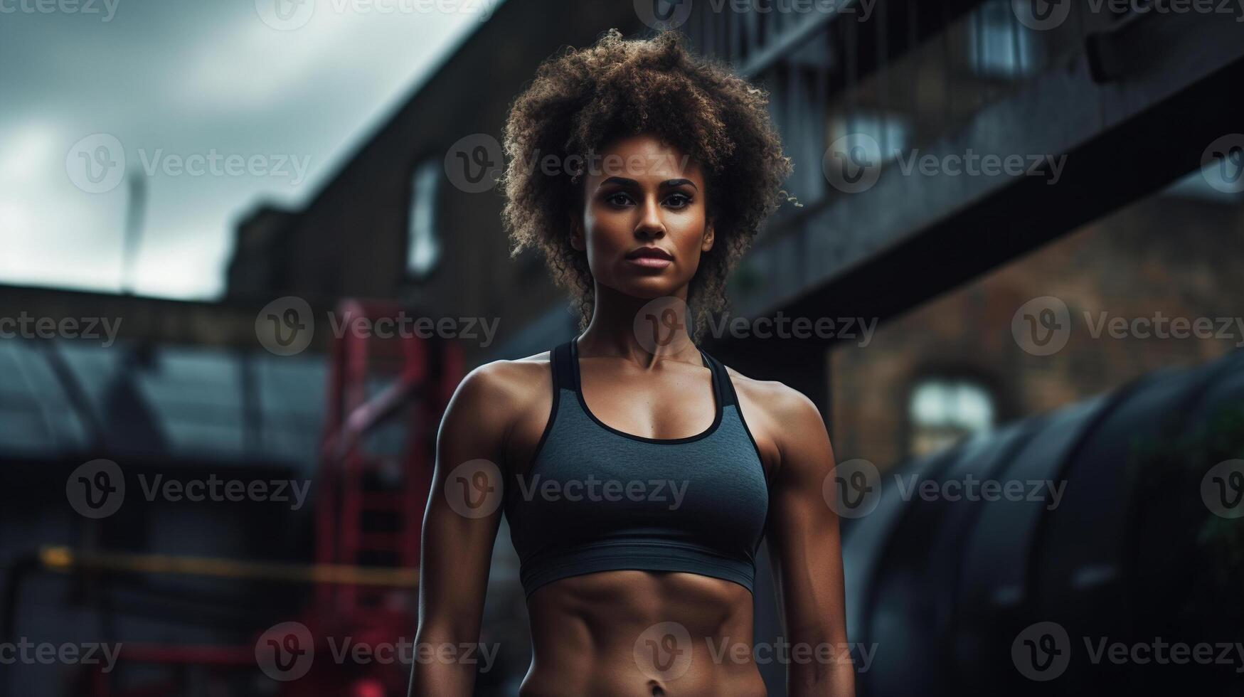 ai generado atlético afro americano mujer en un tanque parte superior en pie en calle en un nublado día mirando a cámara, rutina de ejercicio al aire libre foto