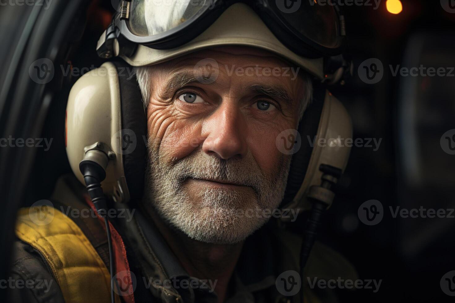 AI generated Headshot portrait of a senior male pilot wearing headphones looking at camera photo