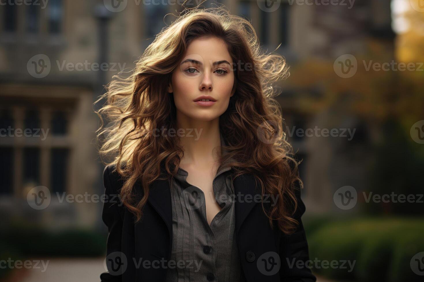 AI generated Portrait of young woman in preppy aesthetic style posing against background of outdoor academy, looking at camera photo