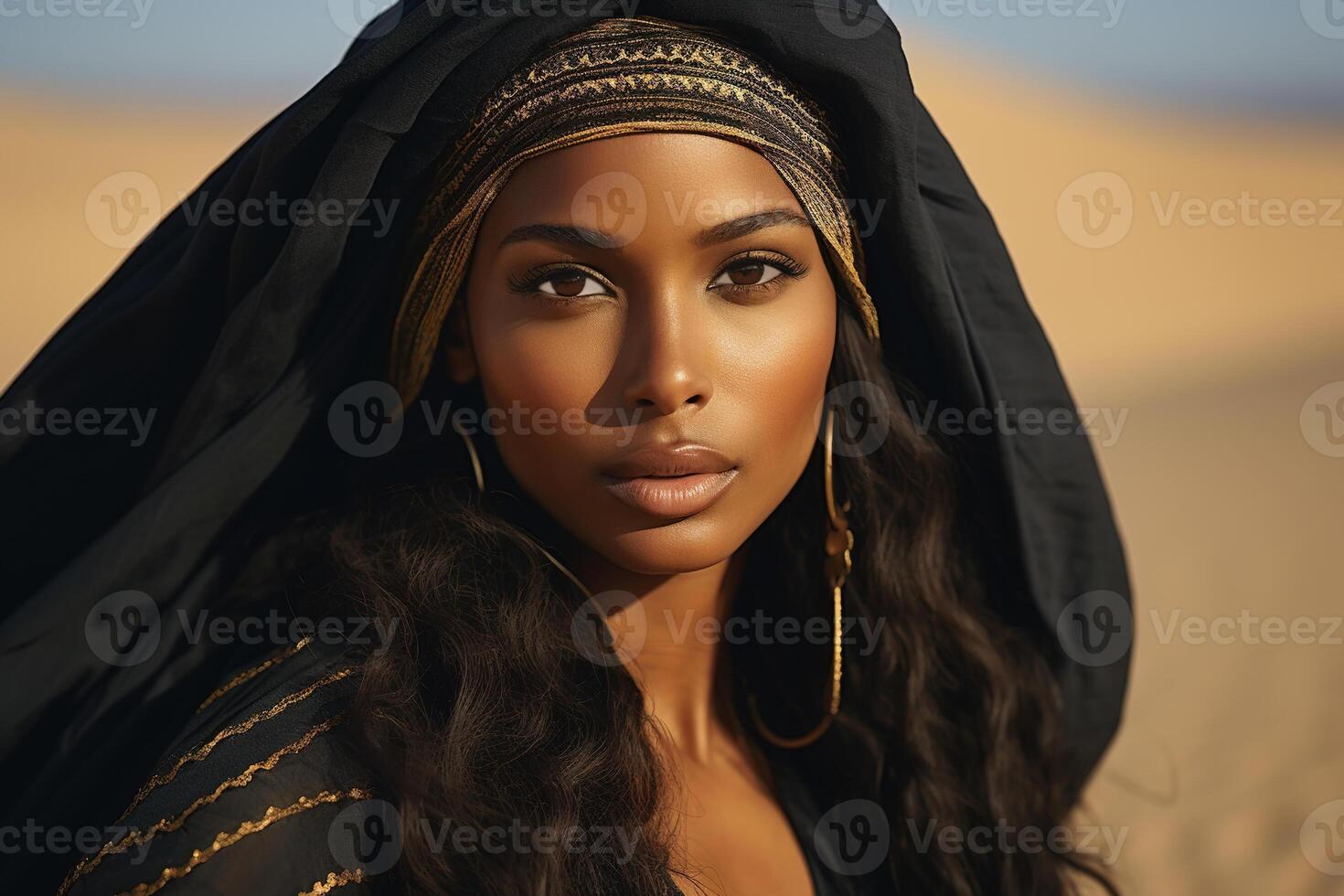 ai generado hermosa Arábica joven mujer en un negro vestir con un bufanda en su cabeza, bonito afro americano modelo posando en Desierto foto