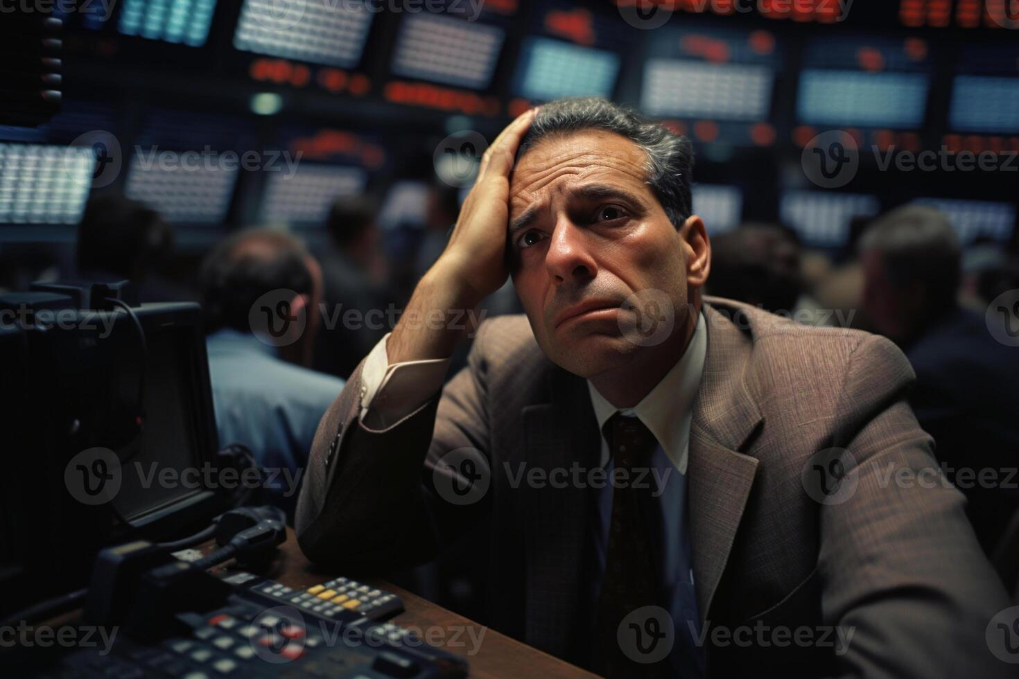 AI generated Economic crisis, upset investor trader holding head. Middle-aged broker sitting at stock exchange in front of monitors, falling stock prices photo