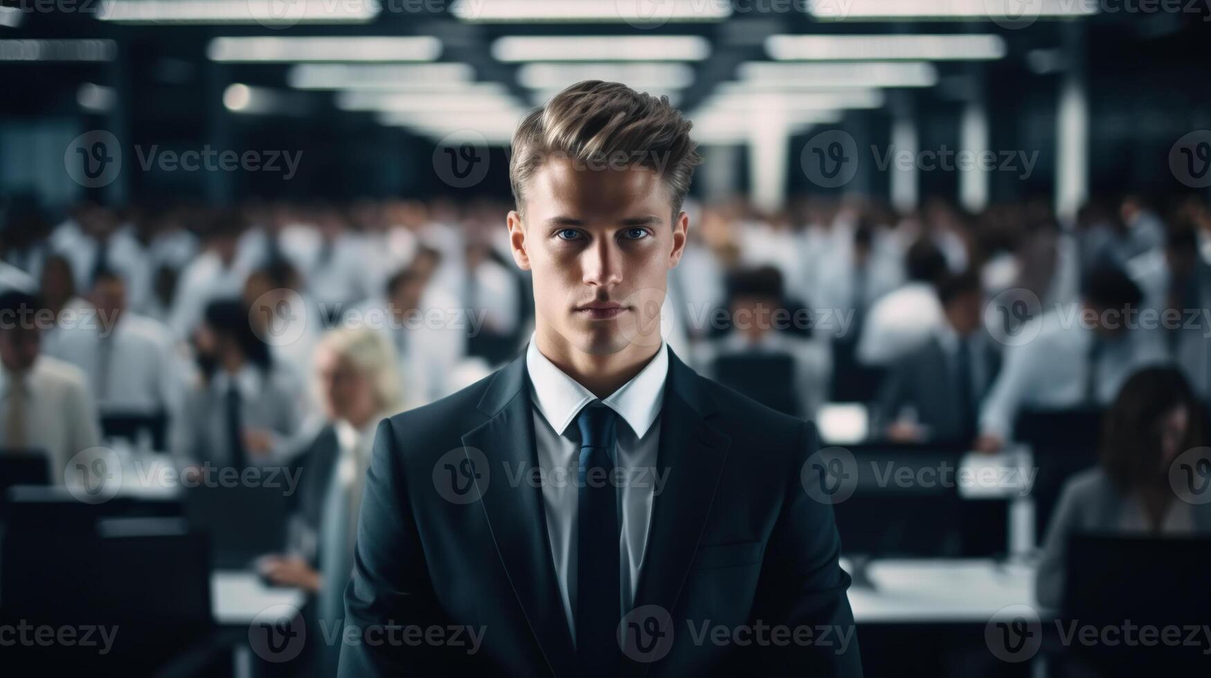 AI generated Portrait of male manager in a business suit in an office with crowd of people employees working in background. Businessman or trainee in workplace photo
