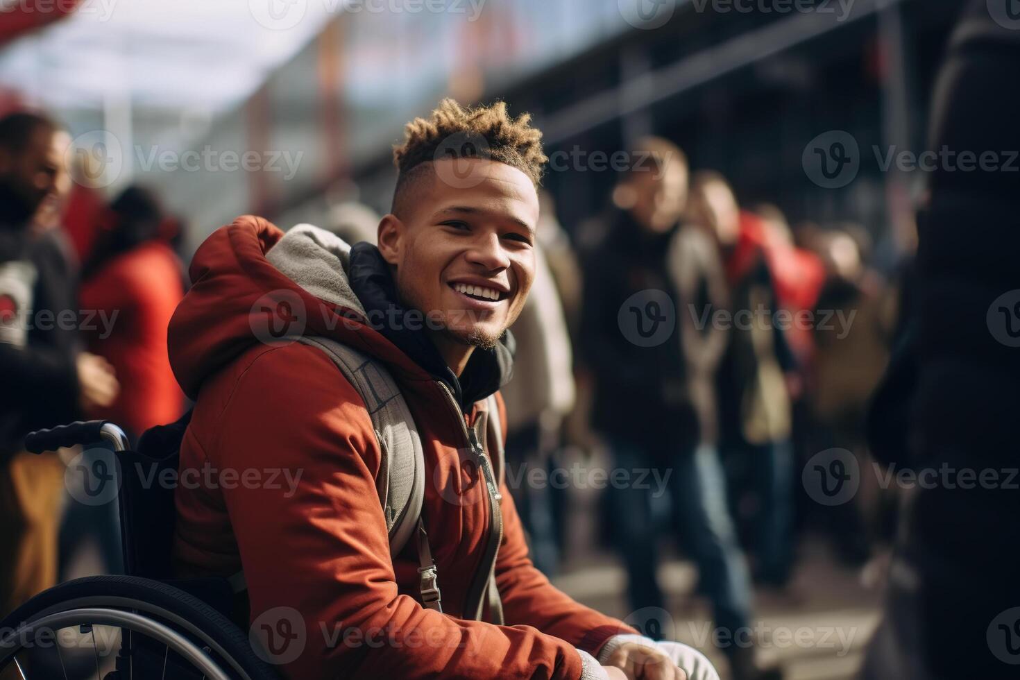 AI generated Portrait of happy young disabled mulatto male on wheelchair outdoors looking at camera photo