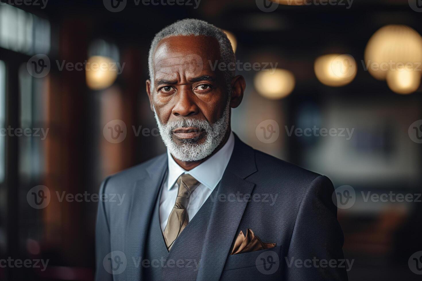 AI generated Portrait of an African American serious senior business man in a suit in an office. Confident successful businessman in a suit indoors looking at camera photo