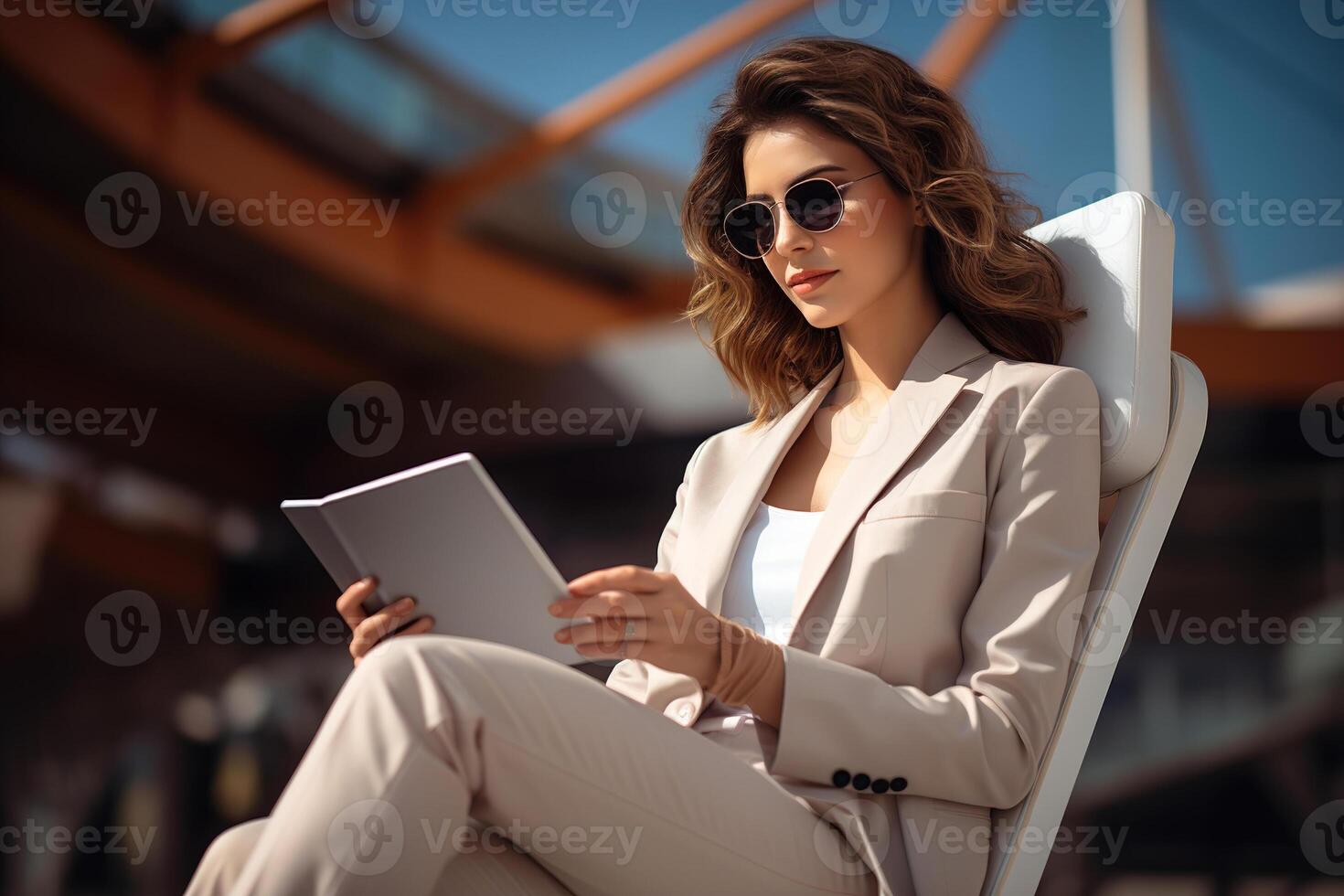 ai generado mujer de negocios en un traje trabajando en línea, hojeada Internet en un artilugio dentro un moderno habitación, negocio elegante mujer utilizando un tableta foto