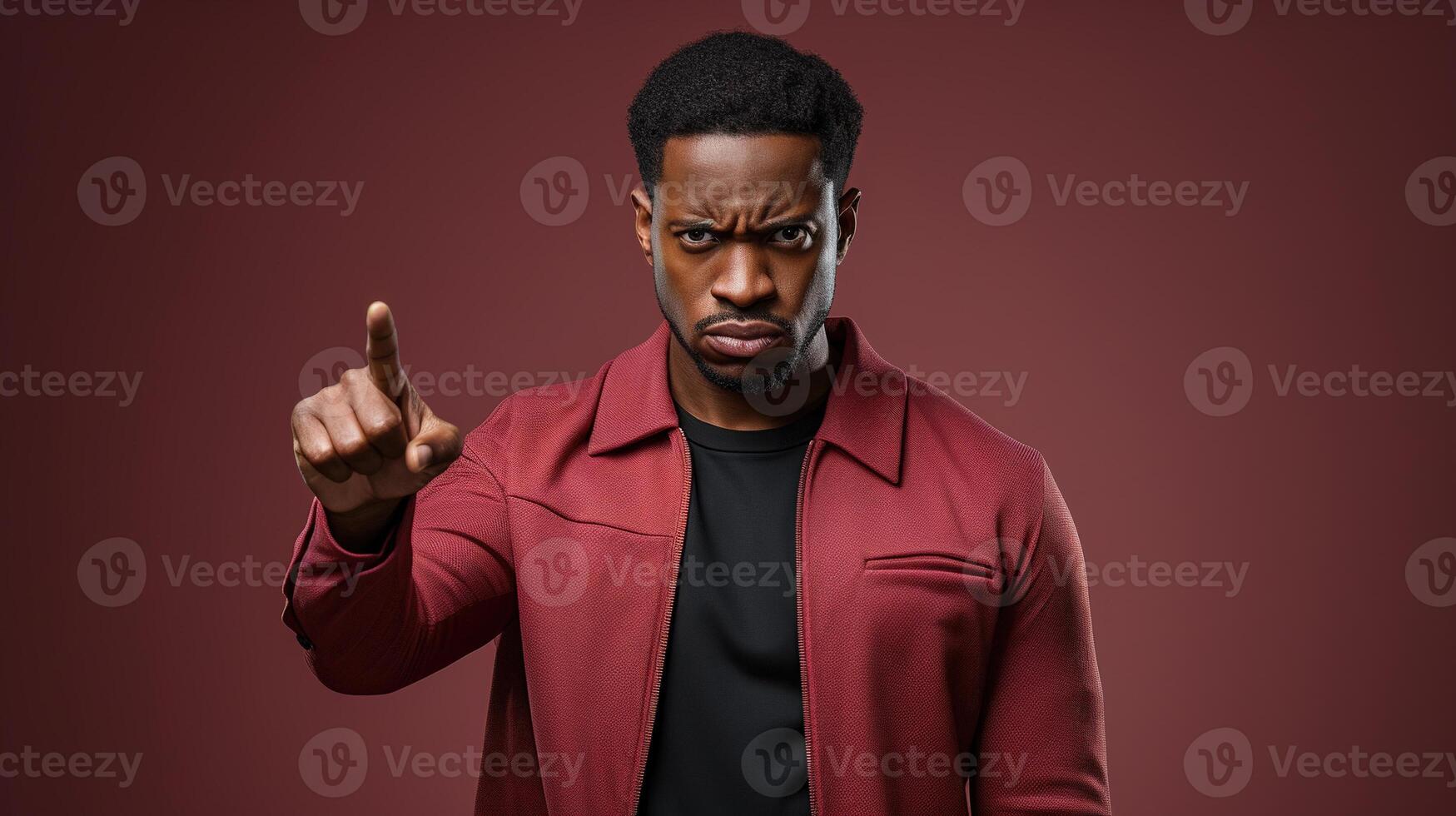 AI generated Frowning serious afro american man pointing finger at camera while standing on red background photo