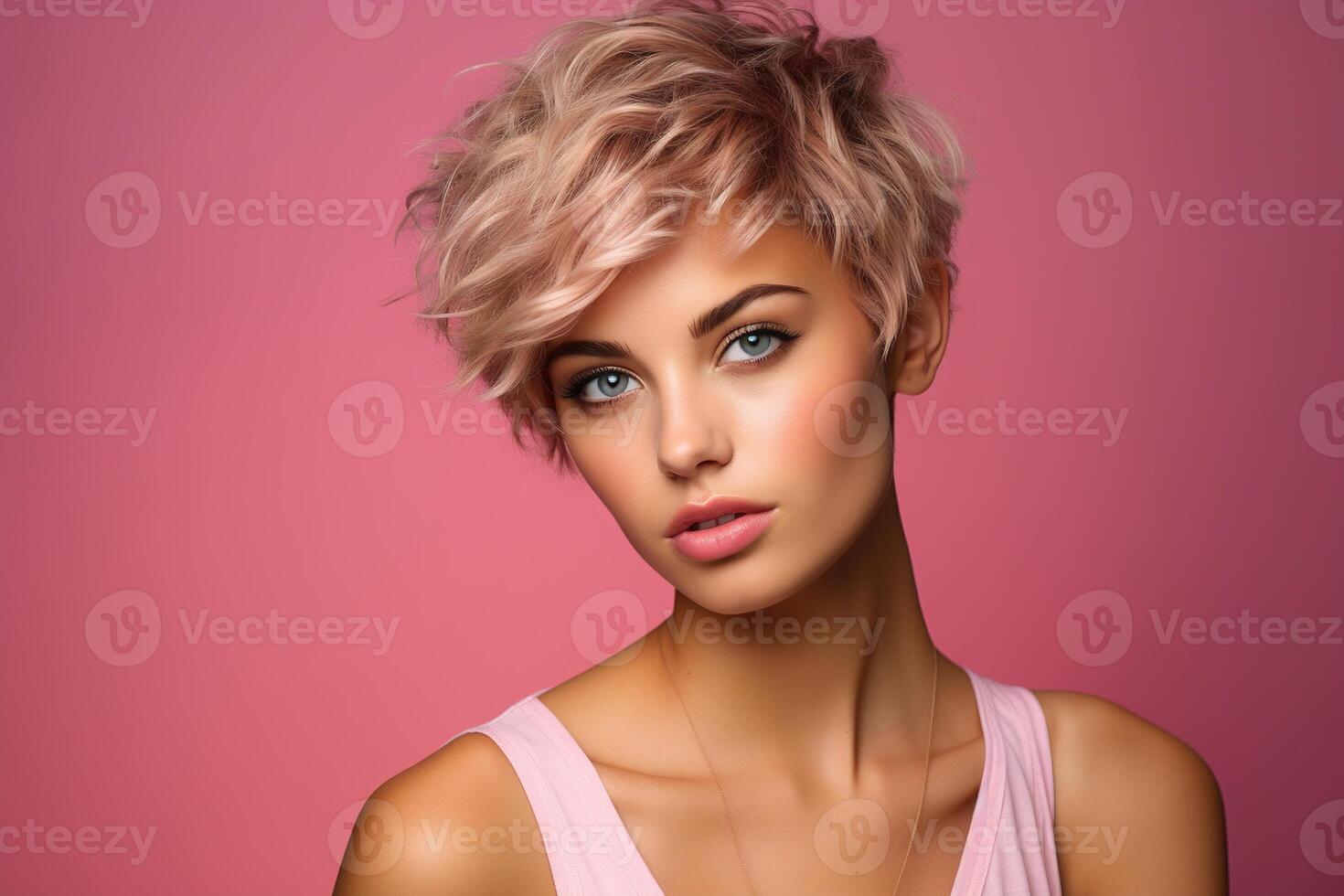 AI generated Portrait of a glamorous woman model with a short haircut, stylish hairstyle and makeup looking at camera. Femininity, individuality photo