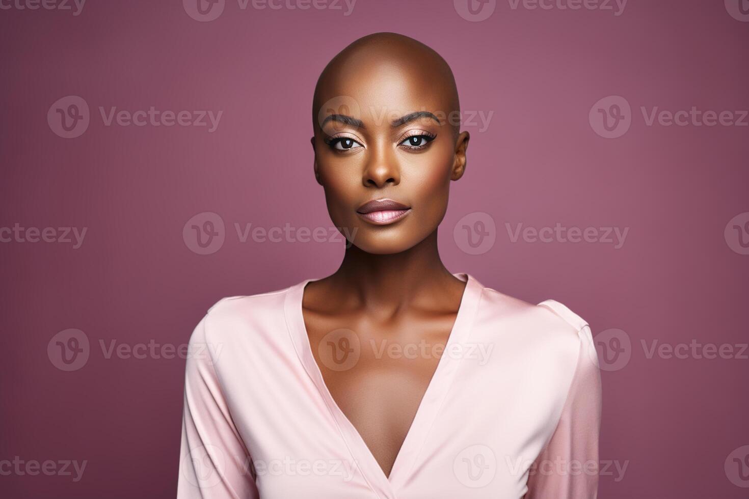 AI generated Portrait of a confident beautiful afro american bald woman on a purple background looking at camera, femininity photo