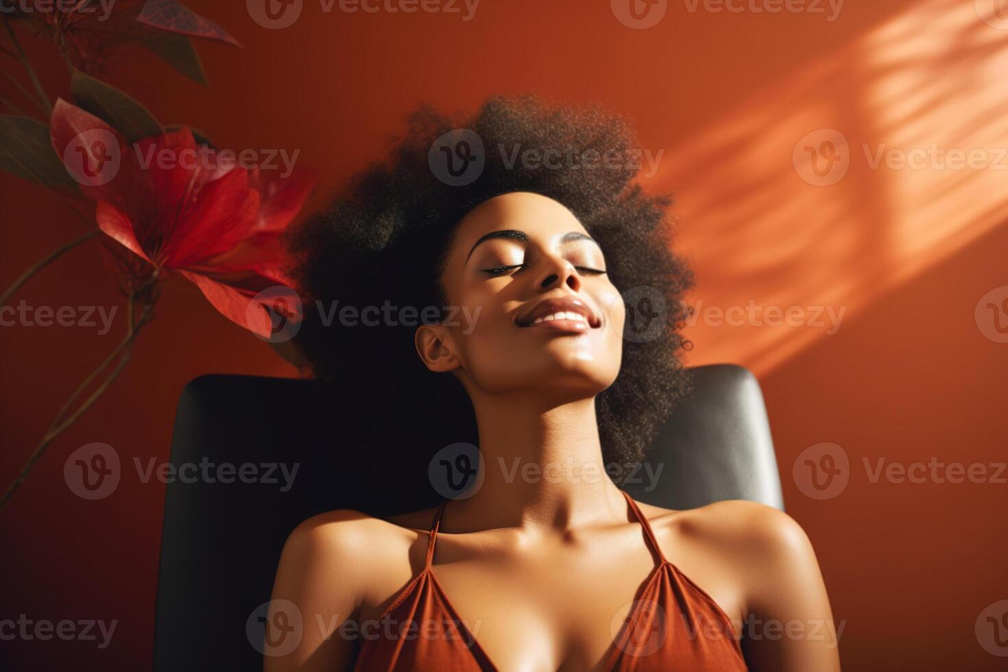 AI generated Spa, feminine self-care concept. Happy afro american woman enjoying tranquility while sitting in a chair near a flower on a sunny day photo