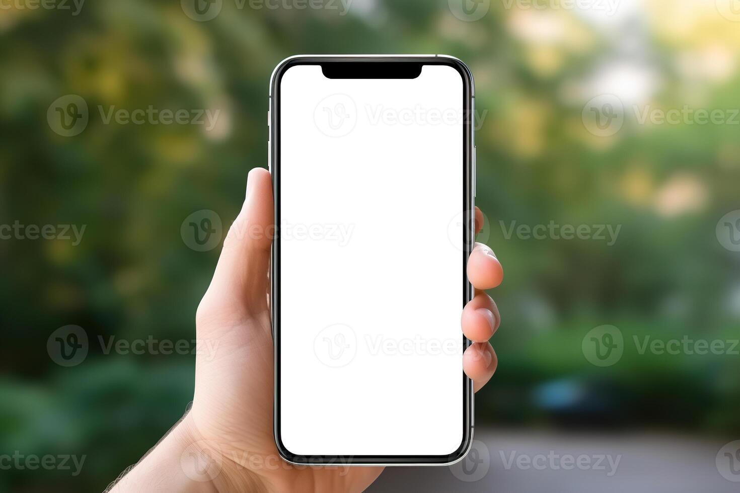 AI generated Close-up of hand holding phone mock up outdoors, smartphone with white blank screen with space for branding photo