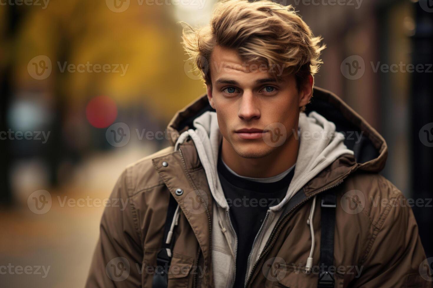 AI generated Portrait of handsome strong guy, blond student with hairstyle in jacket with backpack outdoors on autumn day looking at camera photo